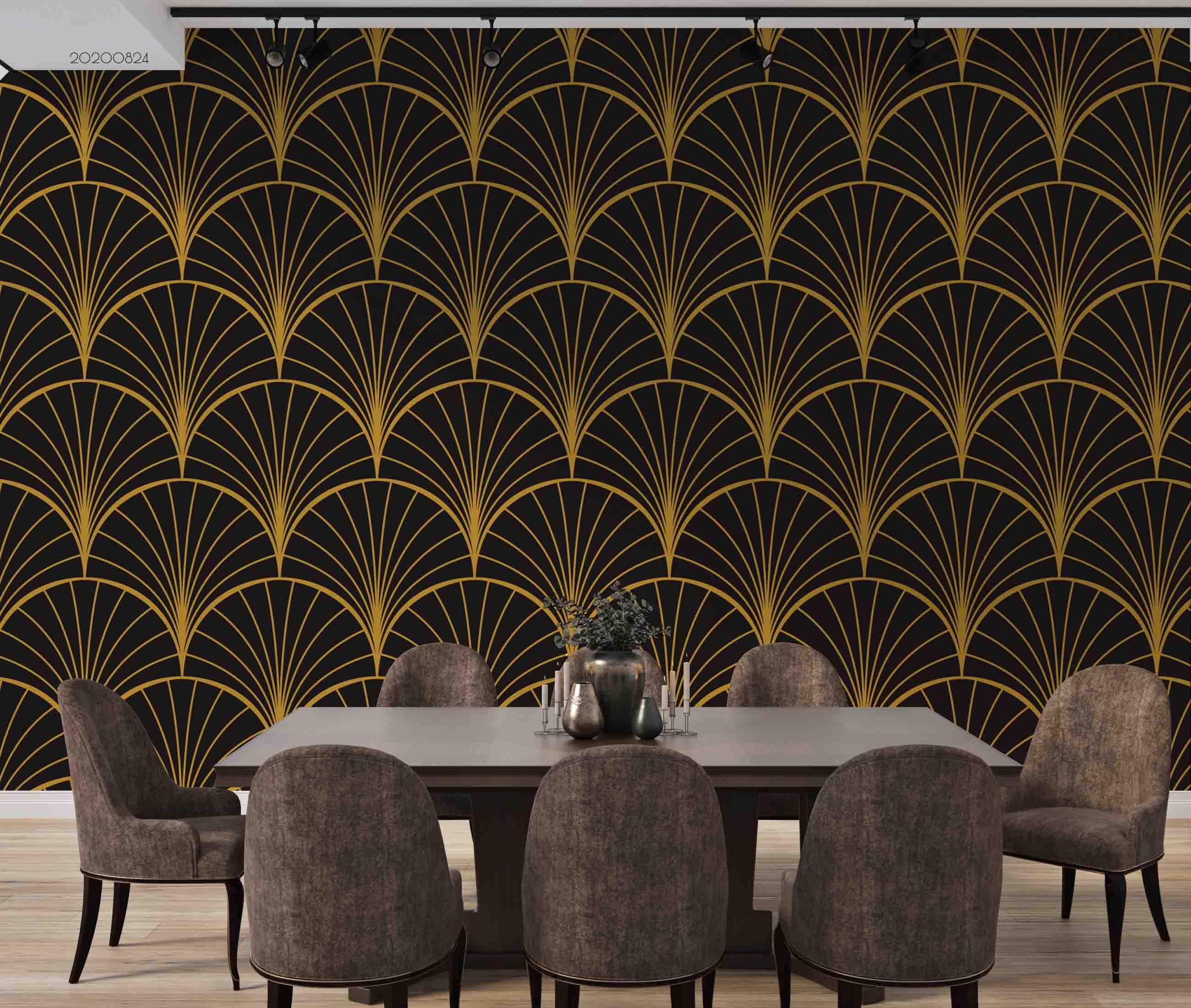 3D Black Golden Fan Geometry art deco fan geometric pattern wall mural wallpaper for dining room - view 3