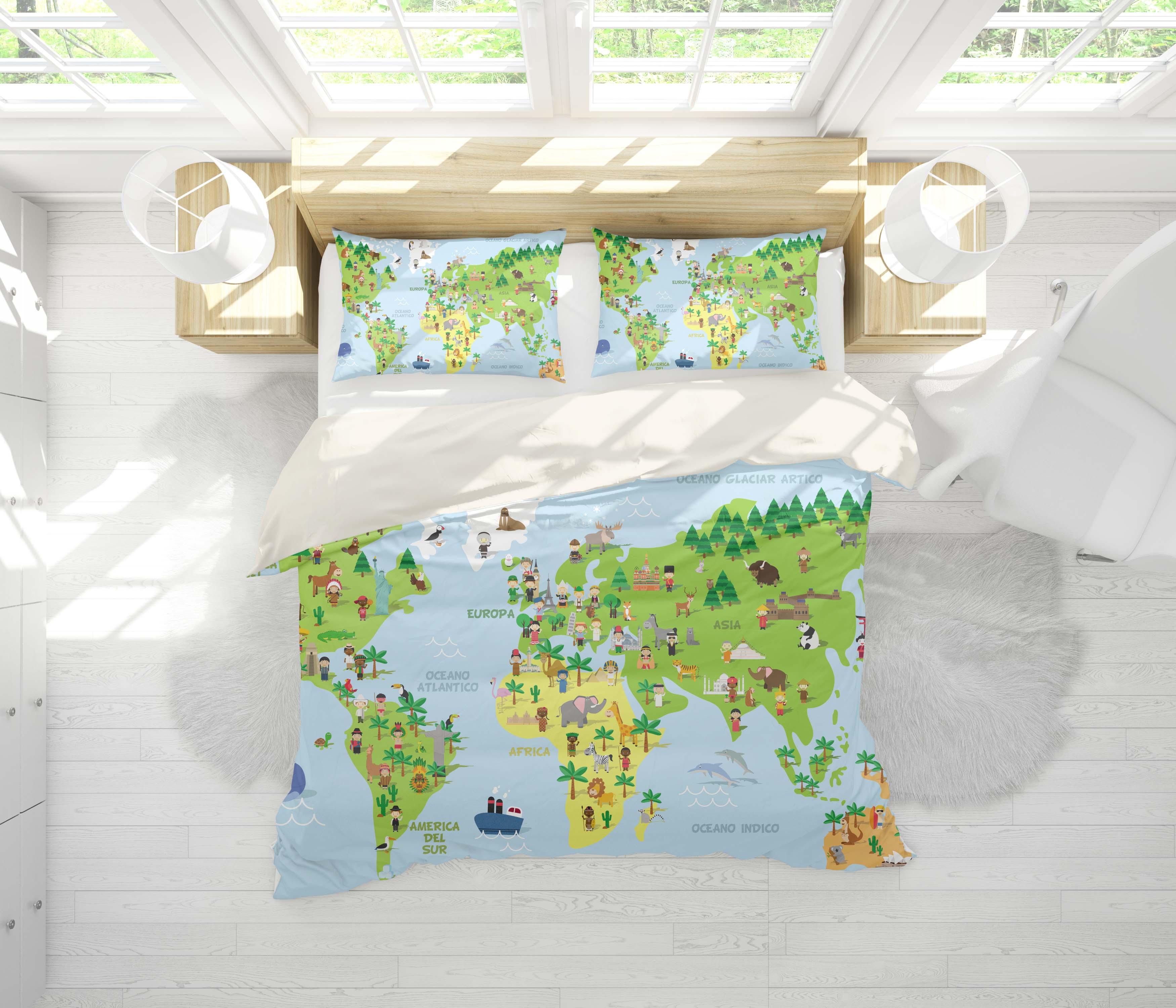 3D Green Animals World Map Quilt Cover Set Bedding Set Pillowcases 55- Jess Art Decoration