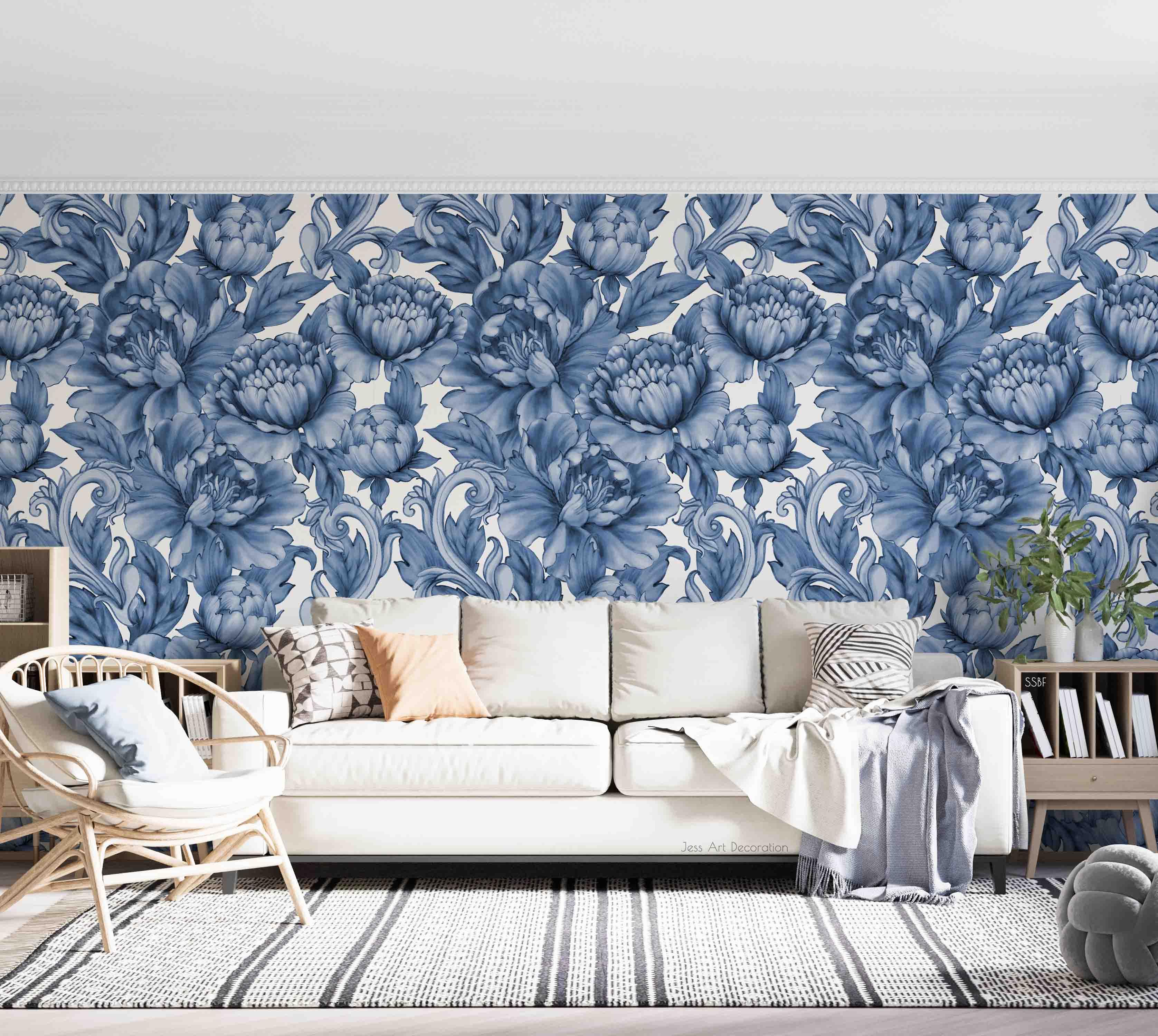 3D Vintage Baroque Art Blue Peony Flowers Background Wall Mural Wallpaper GD 3589- Jess Art Decoration