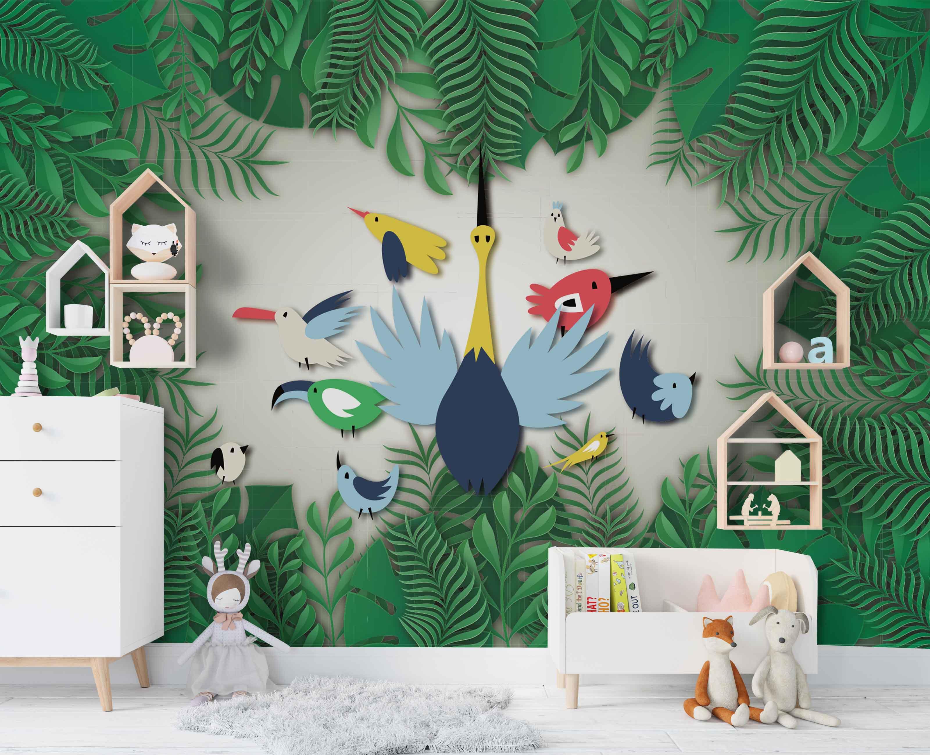 3D Green Leafed Bird Wall Mural Wallpaper 21- Jess Art Decoration