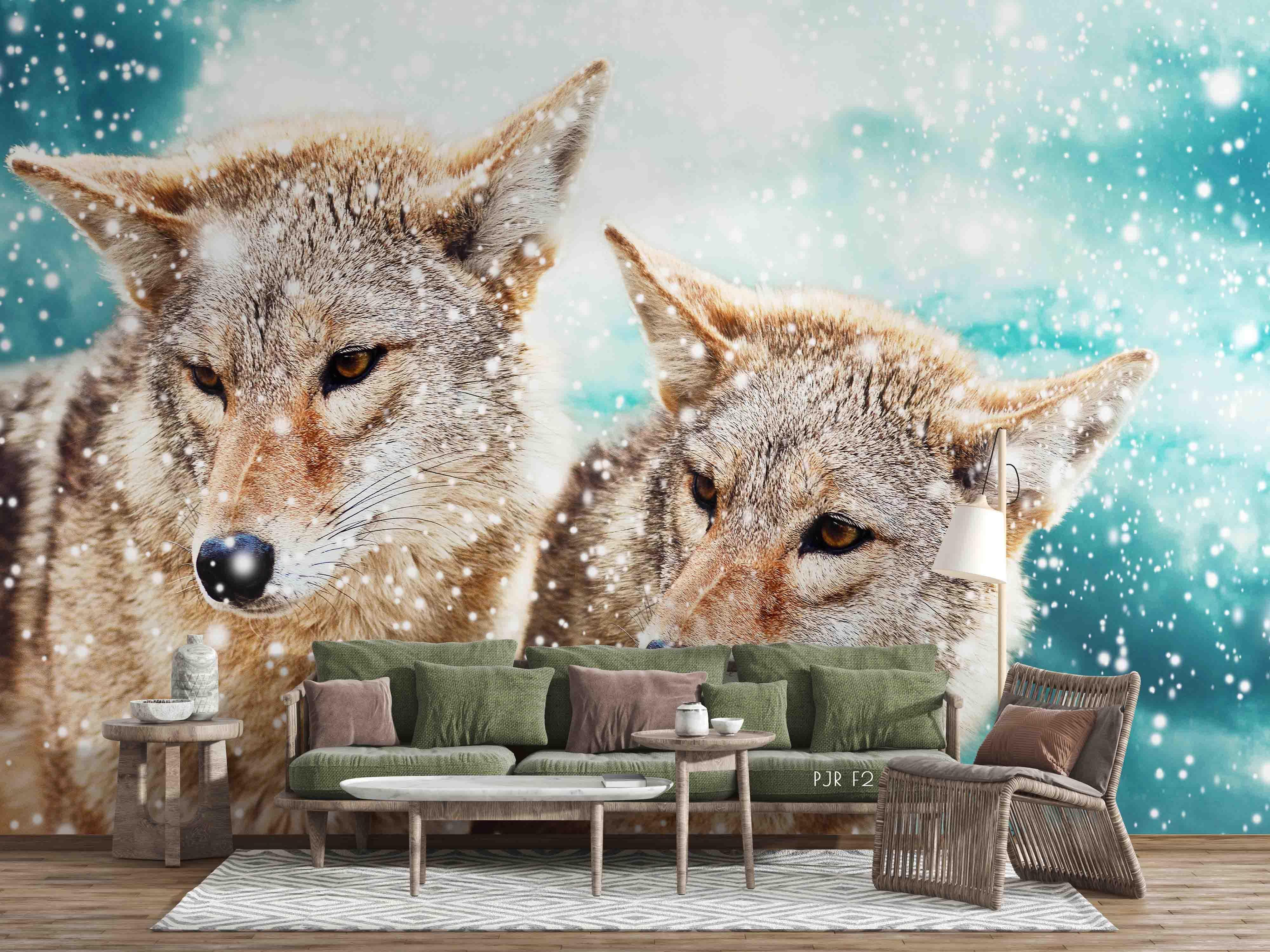 3D Animal Fox Couple Snow Wallpaper WJ 1376- Jess Art Decoration