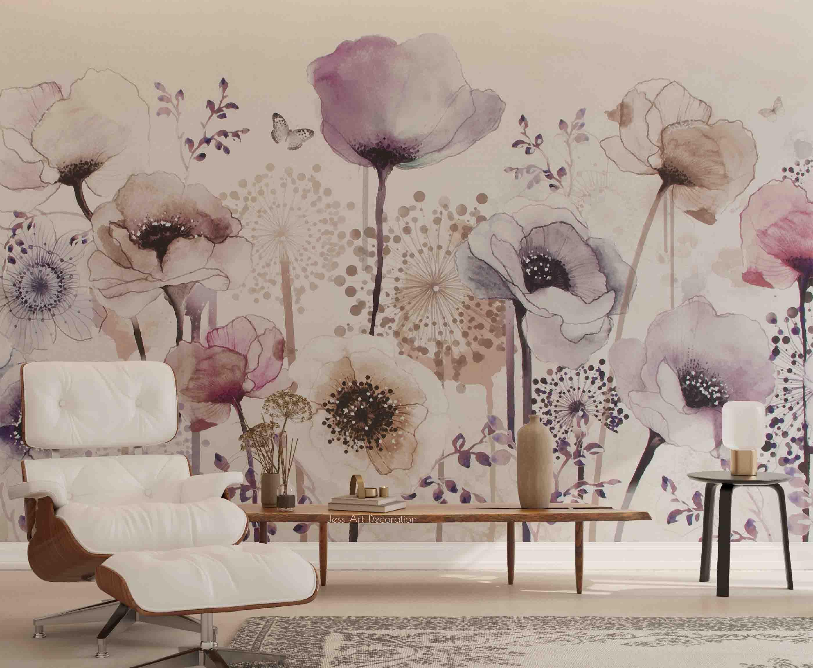 3D Purple Poppy Butterfly Watercolor Wall Mural Wallpaper GD 2808- Jess Art Decoration