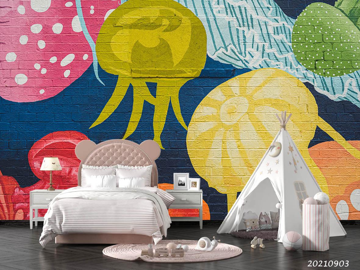3D Hand Drawn Colored Jellyfish Doodle Wall Mural Wallpaper LQH 111- Jess Art Decoration