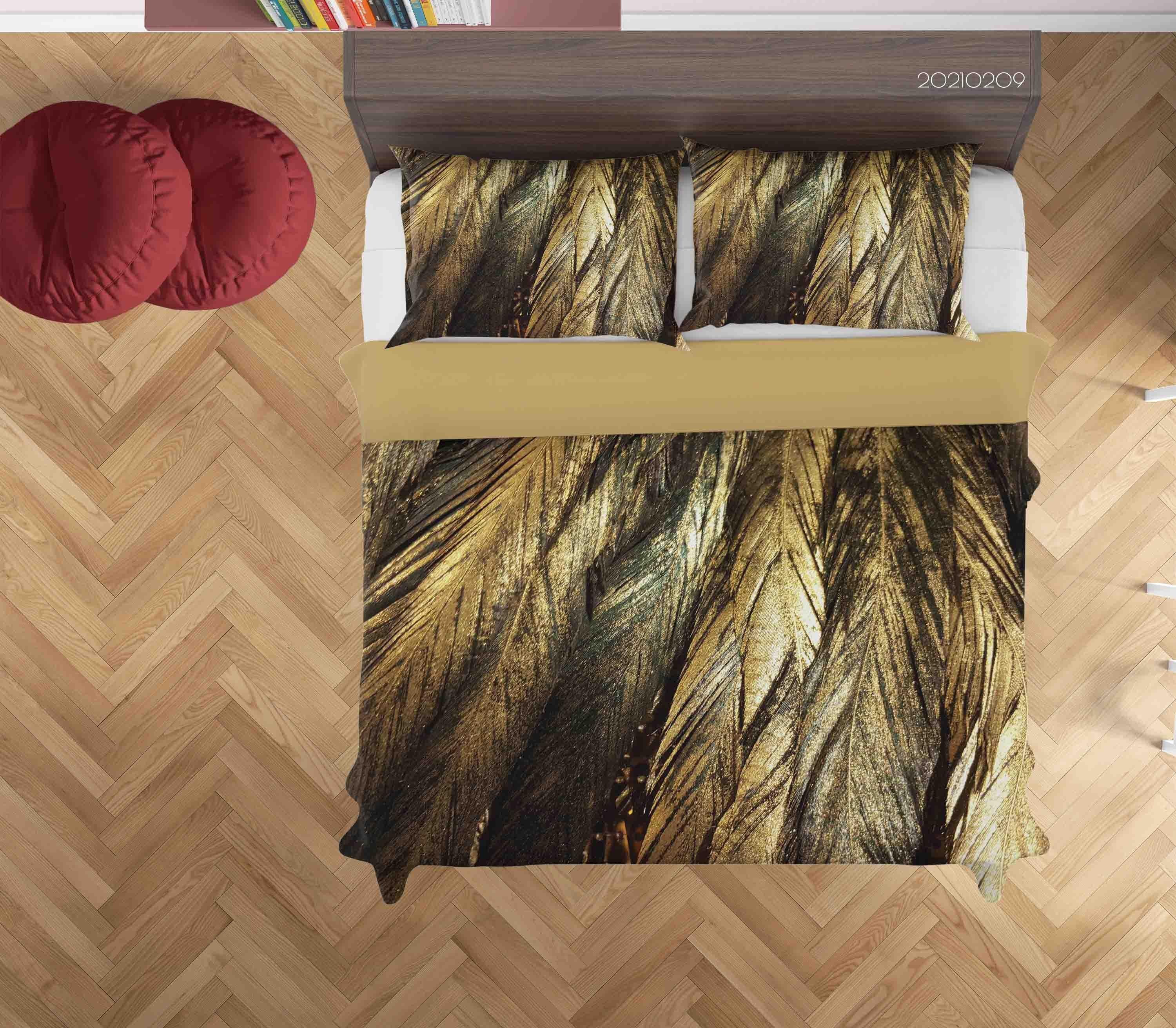 3D Hand Drawn Golden Feather Quilt Cover Set Bedding Set Duvet Cover Pillowcases 281- Jess Art Decoration