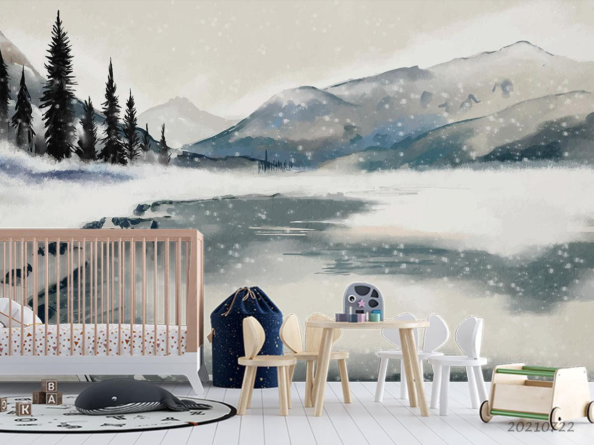 3D Watercolor Winter Mountain Forest Landscape Wall Mural Wallpaper LQH 342- Jess Art Decoration