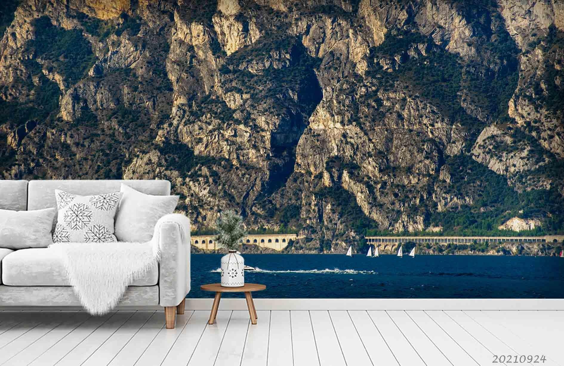 3D Rock Mountain Sea Sailing Landscape Wall Mural Wallpaper LQH 710- Jess Art Decoration