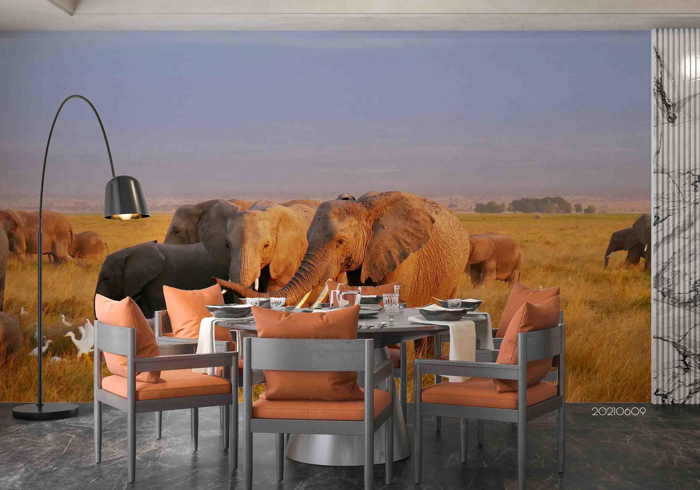 3D  Africa Grassland Elephant Dusk Wall Mural Wallpaper SWW1694- Jess Art Decoration