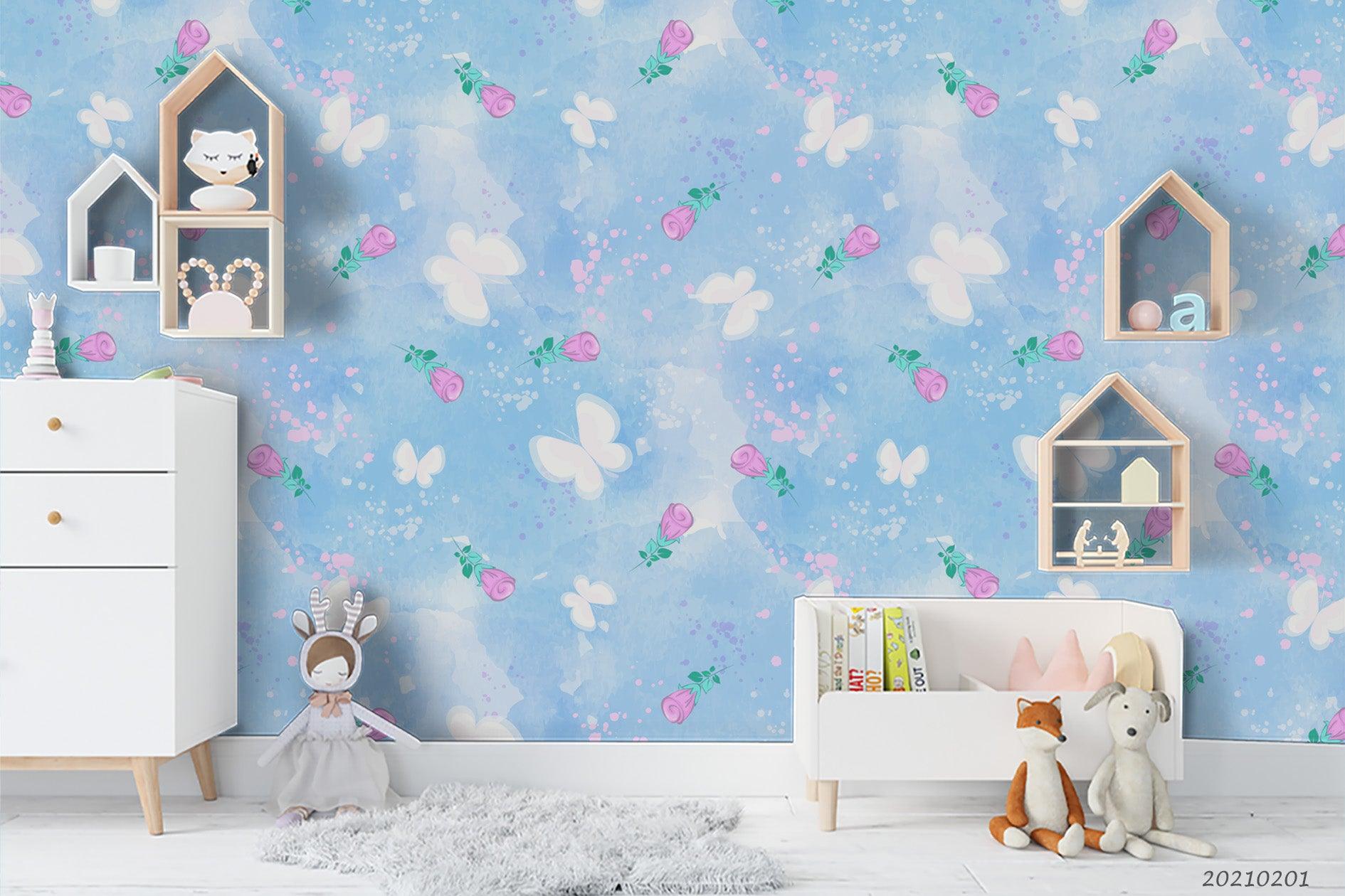 3D Watercolor Blue Butterfly Floral Wall Mural Wallpaper LQH 176- Jess Art Decoration