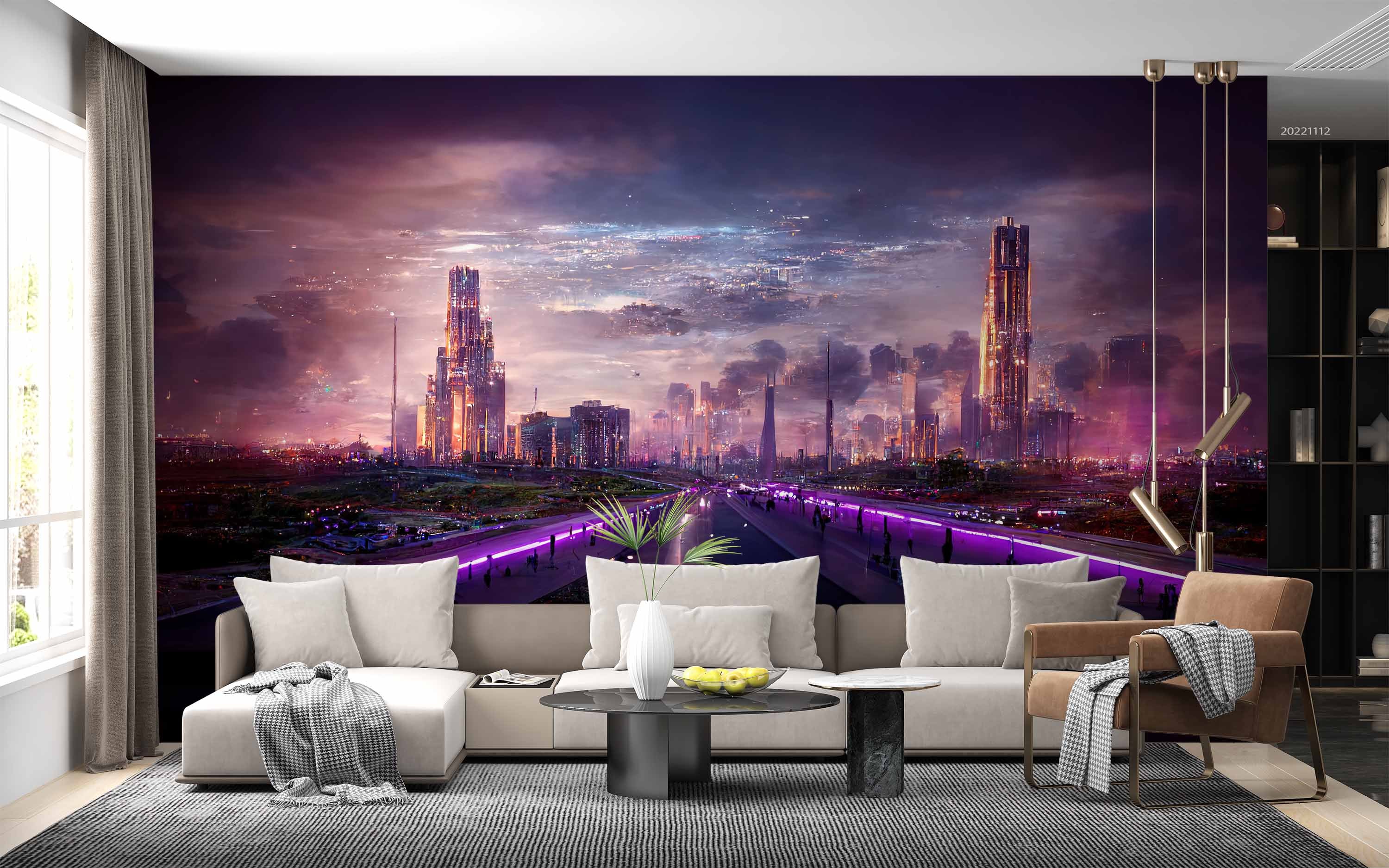 3D Night Purple Sky Road Buildings City Wall Mural Wallpaper GD 2203- Jess Art Decoration