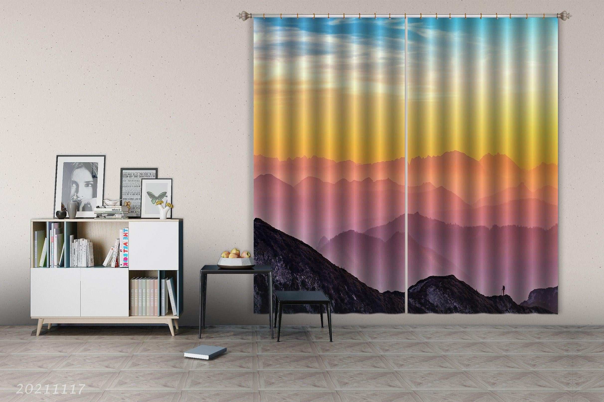 3D Sunset Sky Mountain Landscape Curtains and Drapes LQH 276- Jess Art Decoration