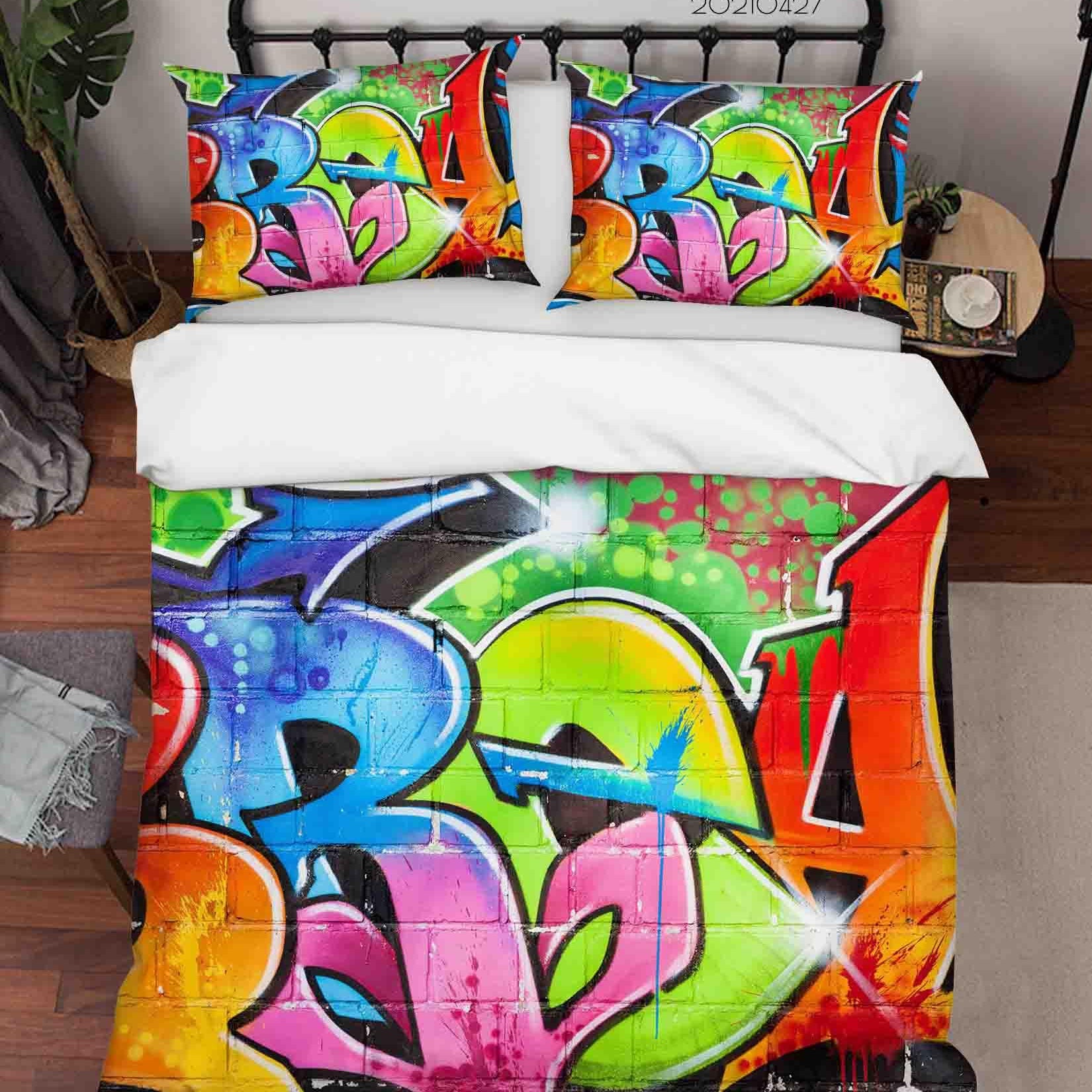 3D Abstract Colored Street Graffiti Quilt Cover Set Bedding Set Duvet Cover Pillowcases 80- Jess Art Decoration