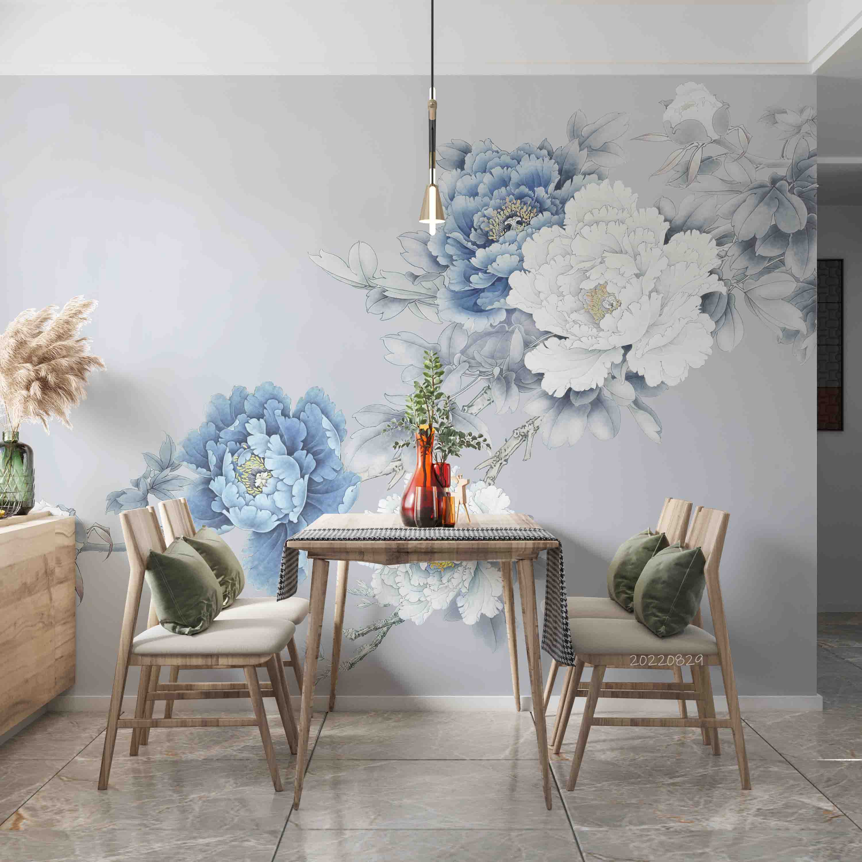 3D Vintage Peony Floral White Blue Wall Mural Wallpaper GD 2689- Jess Art Decoration