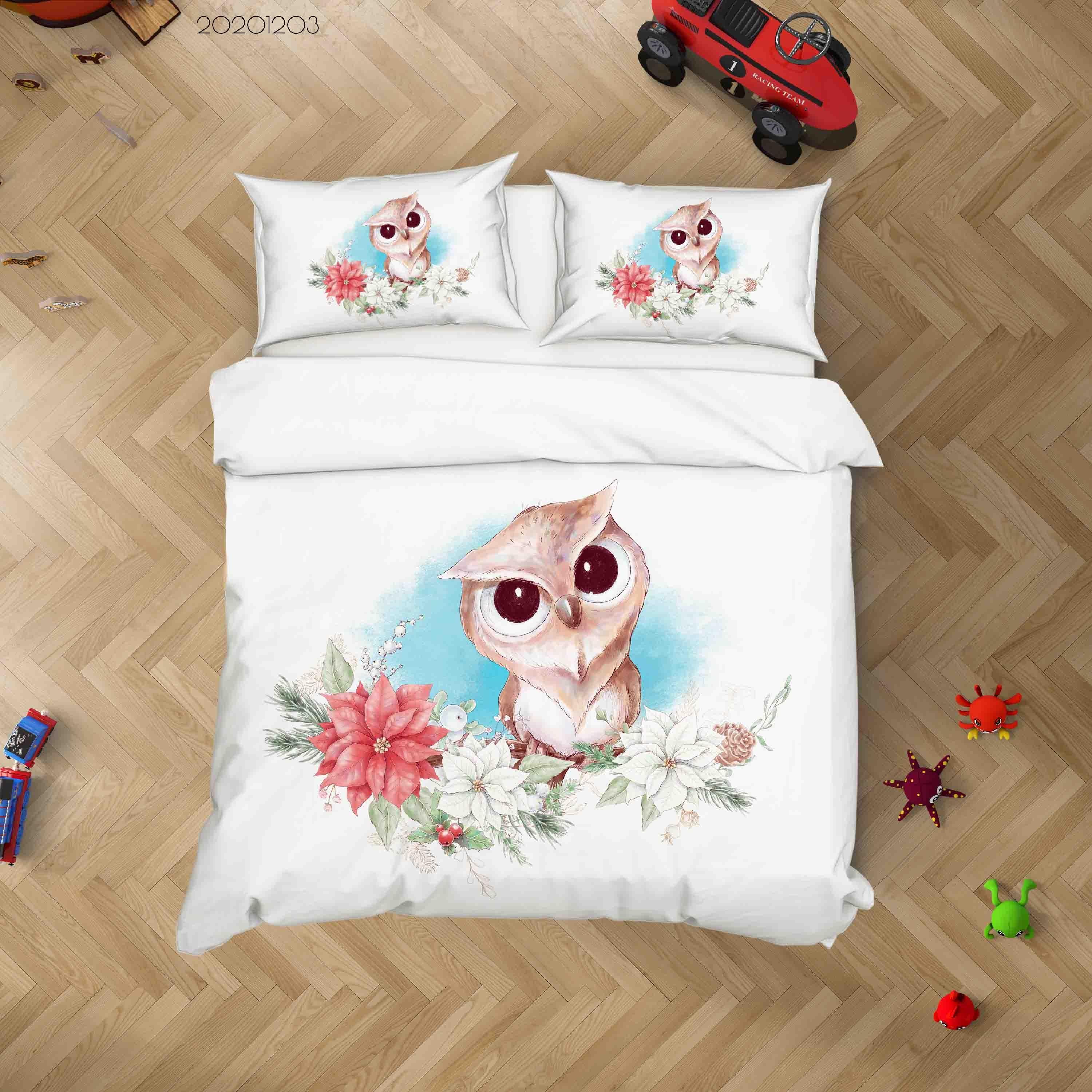 3D Cartoon Hand Drawn Owl Animal Floral Plant Quilt Cover Set Bedding Set Duvet Cover Pillowcases LXL- Jess Art Decoration