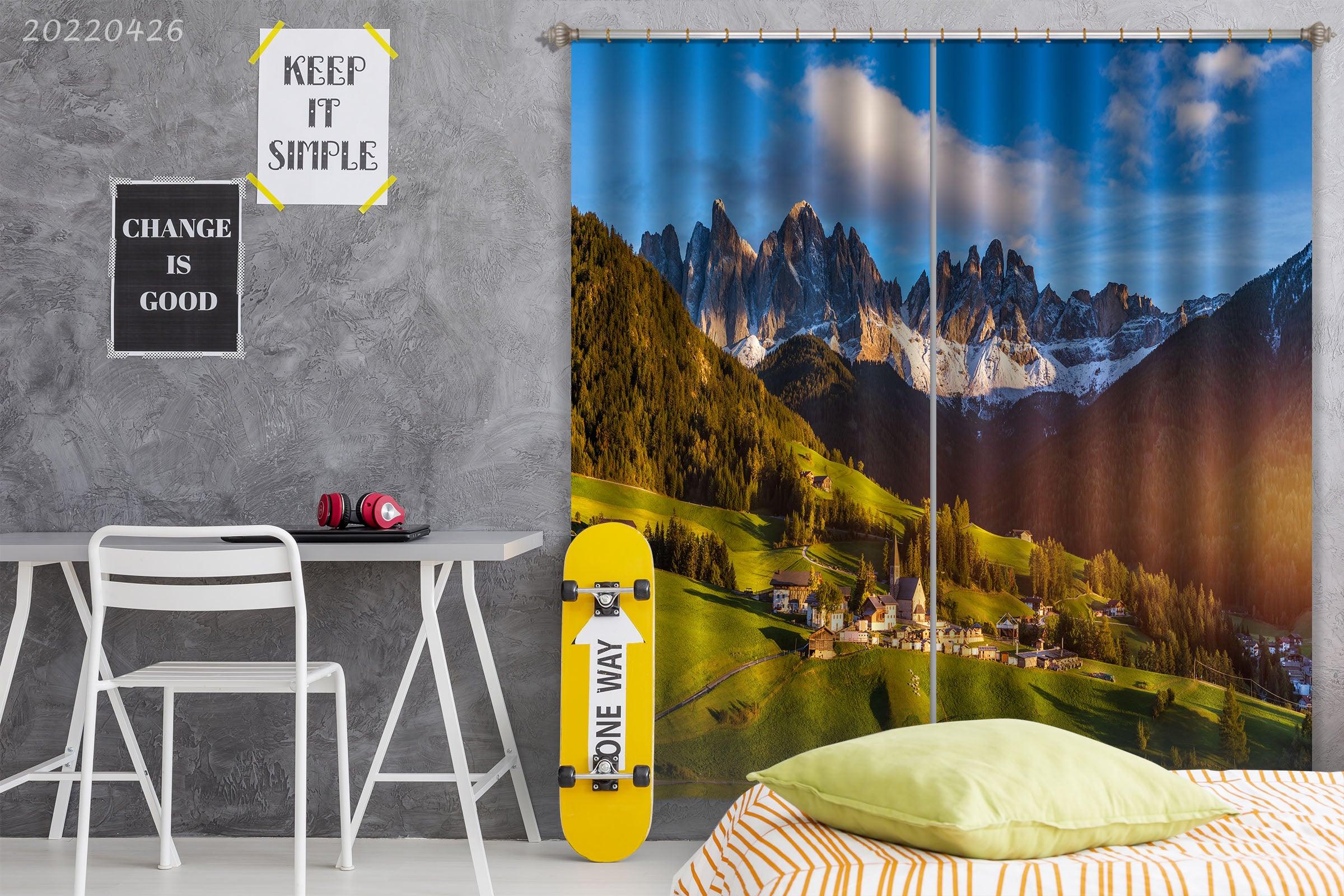 3D Landscape Mountain Green Woods Meadow Town Curtains and Drapes GD 4863- Jess Art Decoration