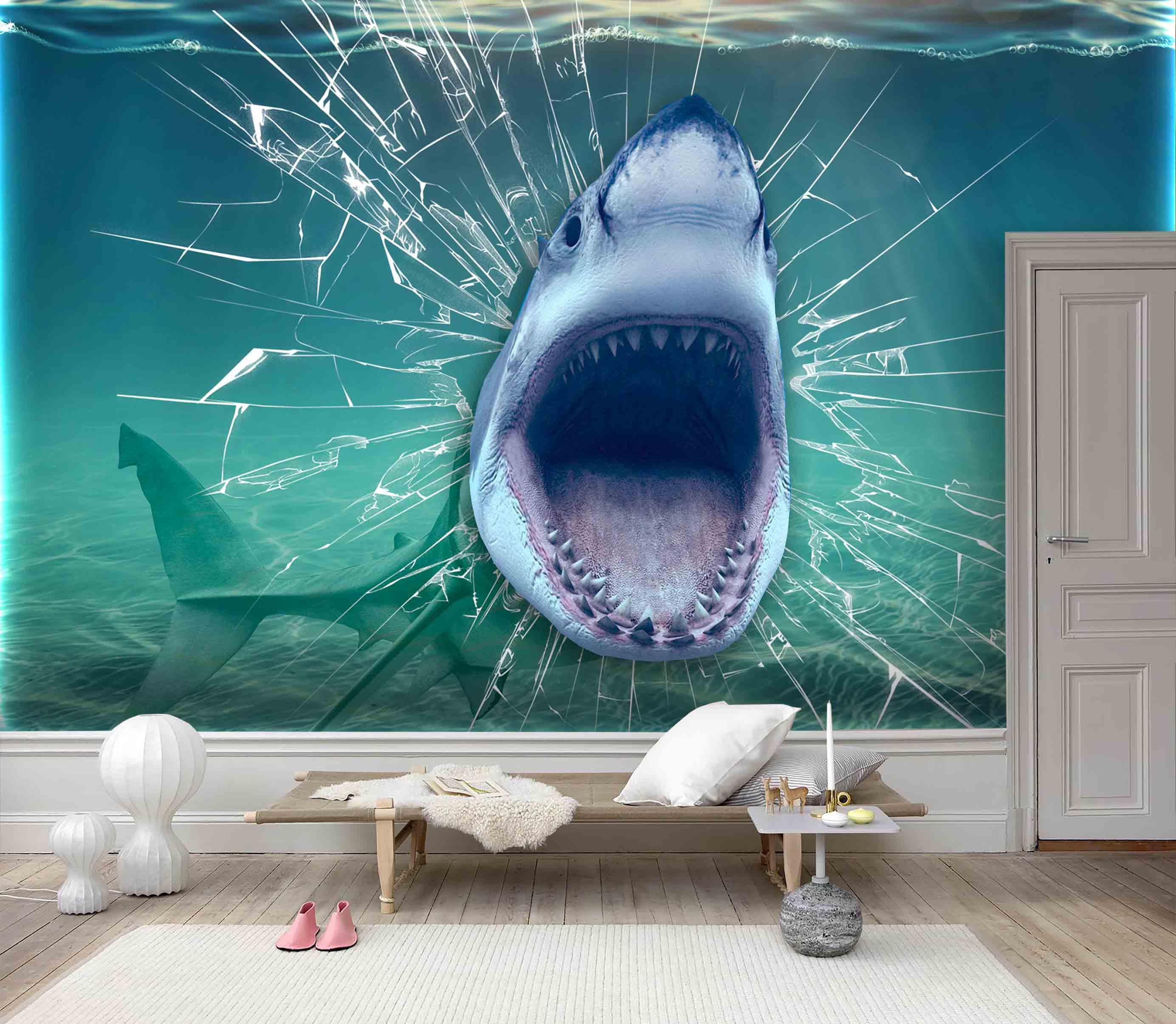 3D Blue Sea Shark Wall Mural Wallpaper 106- Jess Art Decoration