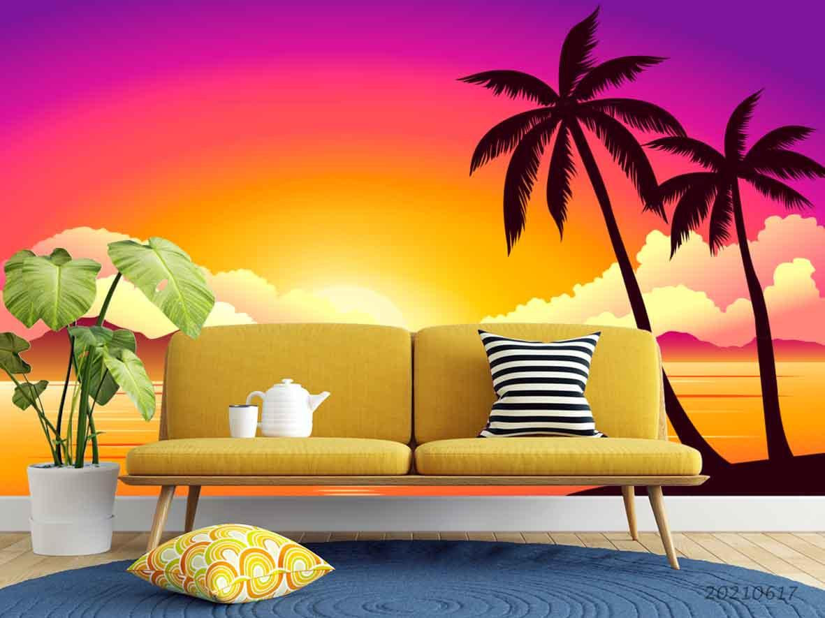 3D Sunset Sky Beach Coconut Tree Wall Mural Wallpaper LQH 32- Jess Art Decoration