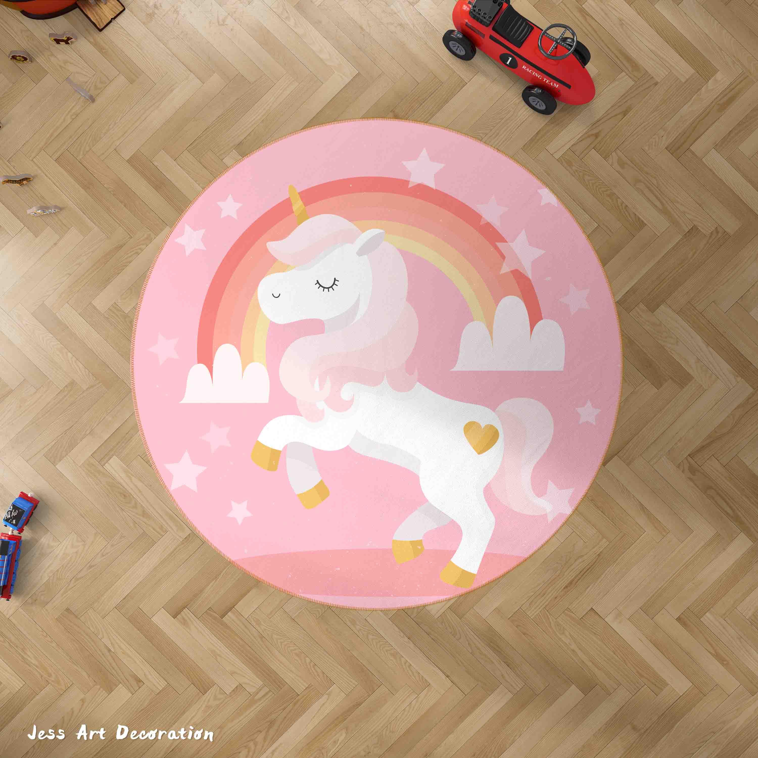 3D Cartoon Pink Animal Unicorn Rainbow Kids Non-Slip Round Rug Mat 50- Jess Art Decoration