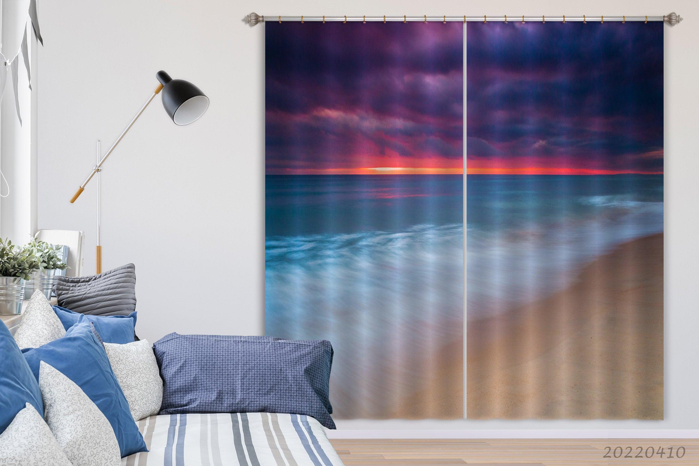 3D Ocean Beach Orange Skyline Cloudy Curtains and Drapes GD 3965- Jess Art Decoration