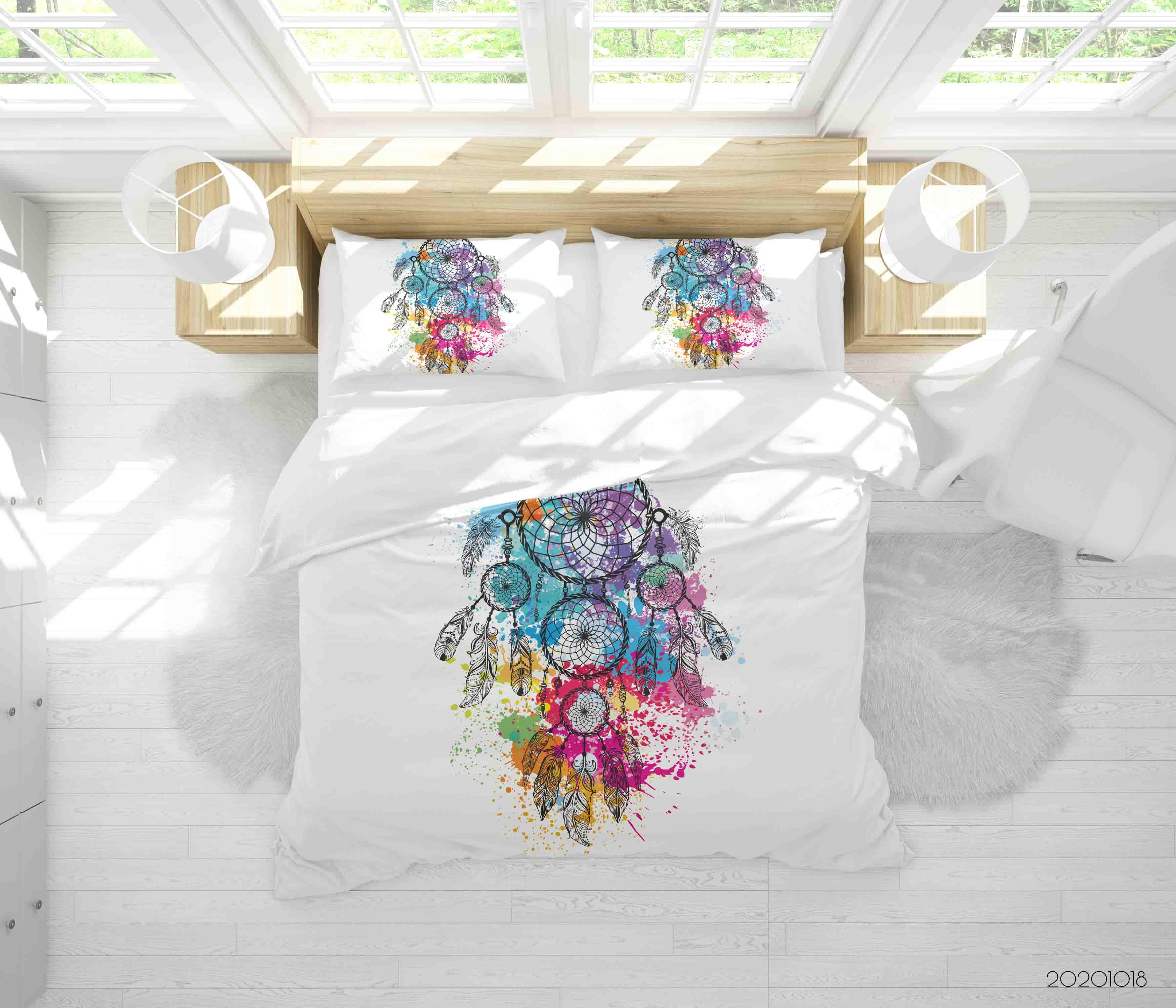 3D Watercolor Dream Catcher Feather Quilt Cover Set Bedding Set Duvet Cover Pillowcases WJ 9752- Jess Art Decoration