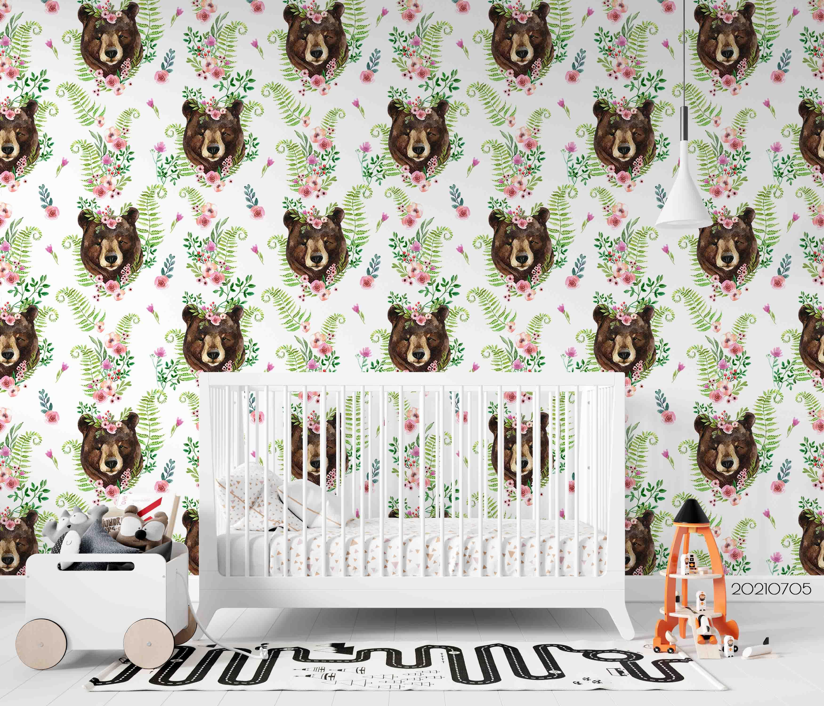 3D Hand Drawn Bear Floral Leaf Wall Mural Wallpaper LQH 140- Jess Art Decoration