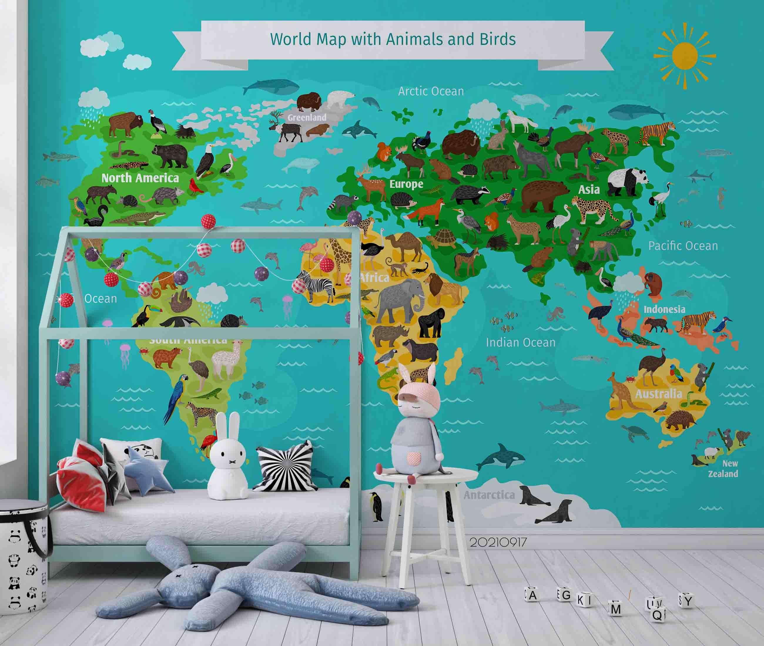 3D Green World Map Kids Wall Mural Wallpaper LQH 109- Jess Art Decoration