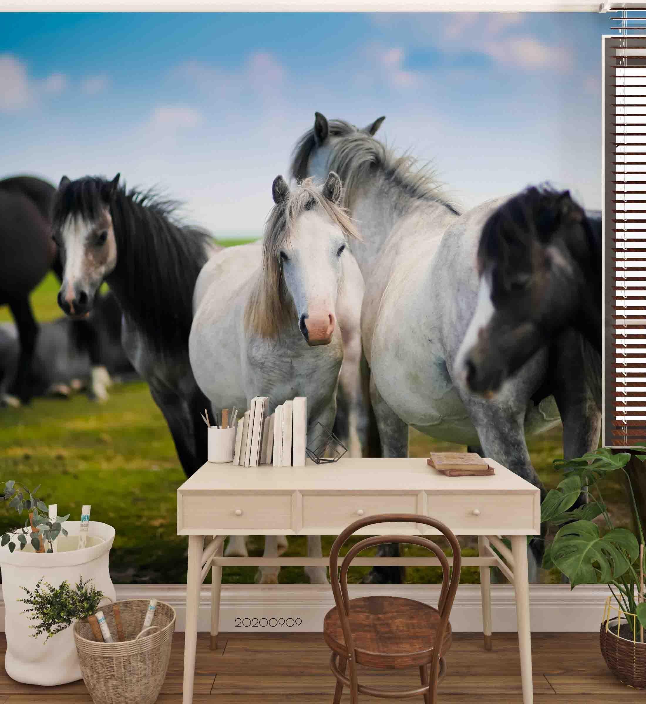 3D Blue Sky Green Grassland Horse Animal Wall Mural Wallpaper LXL- Jess Art Decoration