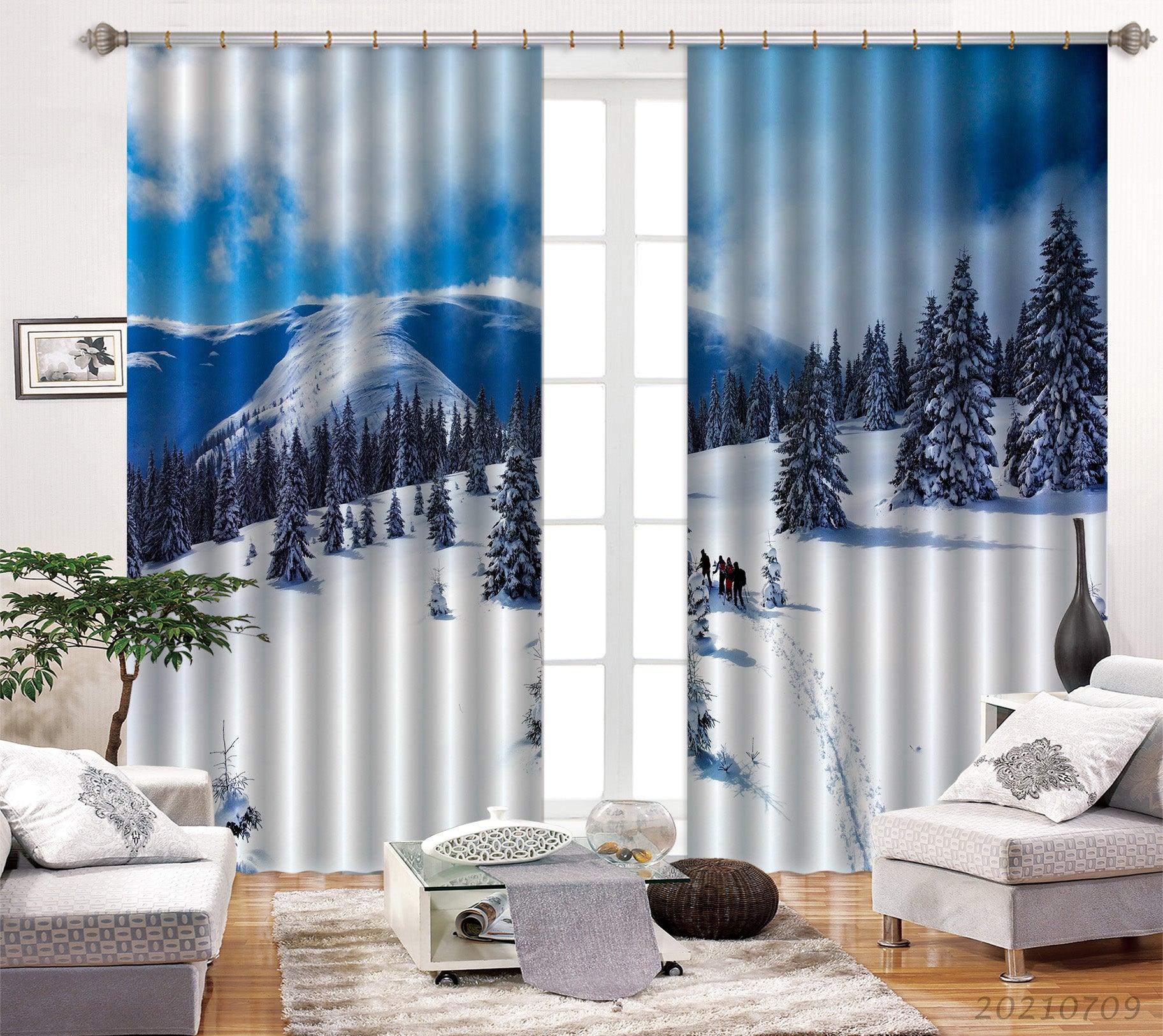 3D Sky Snow Mountain Forest Landscape Curtains and Drapes LQH 70- Jess Art Decoration