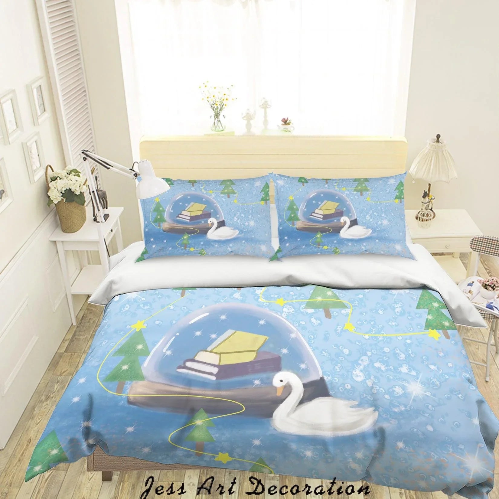 3D Cartoon Blue Pond Swan Book Quilt Cover Set Bedding Set Duvet Cover Pillowcases A585 LQH- Jess Art Decoration