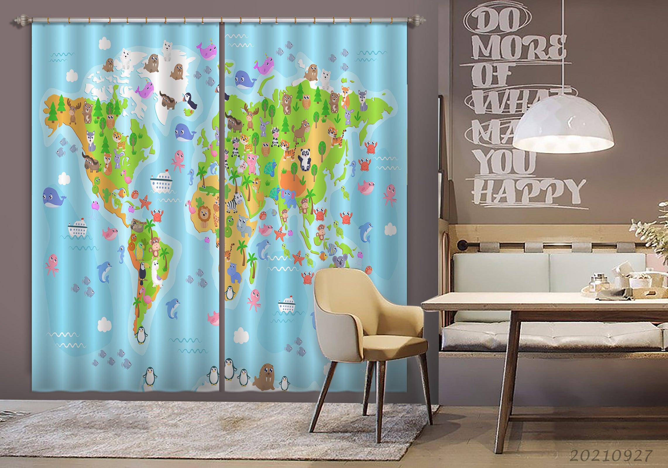 3D Blue World Map Kids Curtains and Drapes LQH 170- Jess Art Decoration