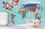 3D Map World Flags Countries Flowers Wall Mural Wallpaper WJ 9438- Jess Art Decoration