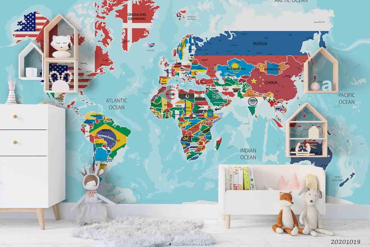 3D Map World Flags Countries Flowers Wall Mural Wallpaper WJ 9438- Jess Art Decoration