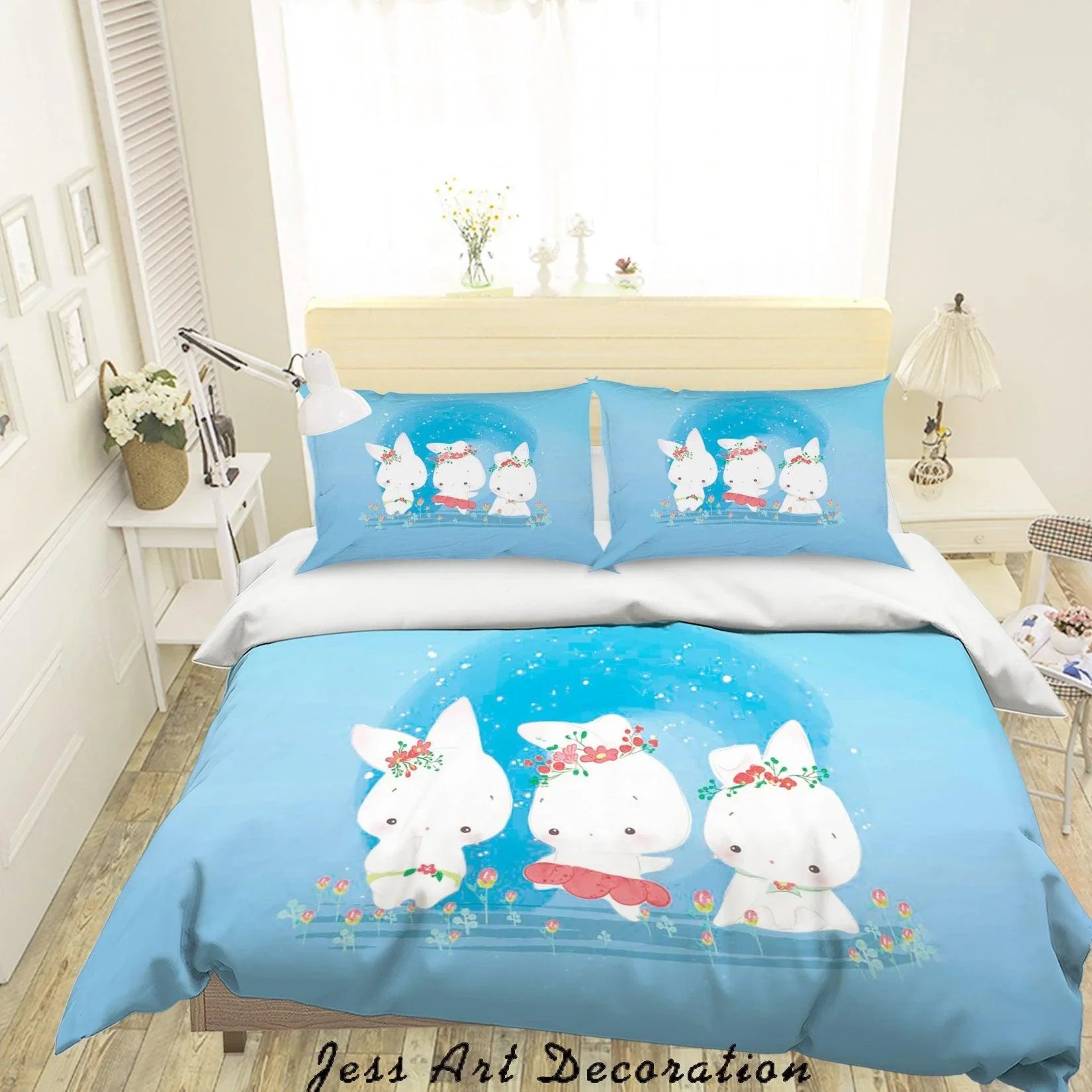 3D Blue Rabbit Floral Quilt Cover Set Bedding Set Duvet Cover Pillowcases SF94- Jess Art Decoration