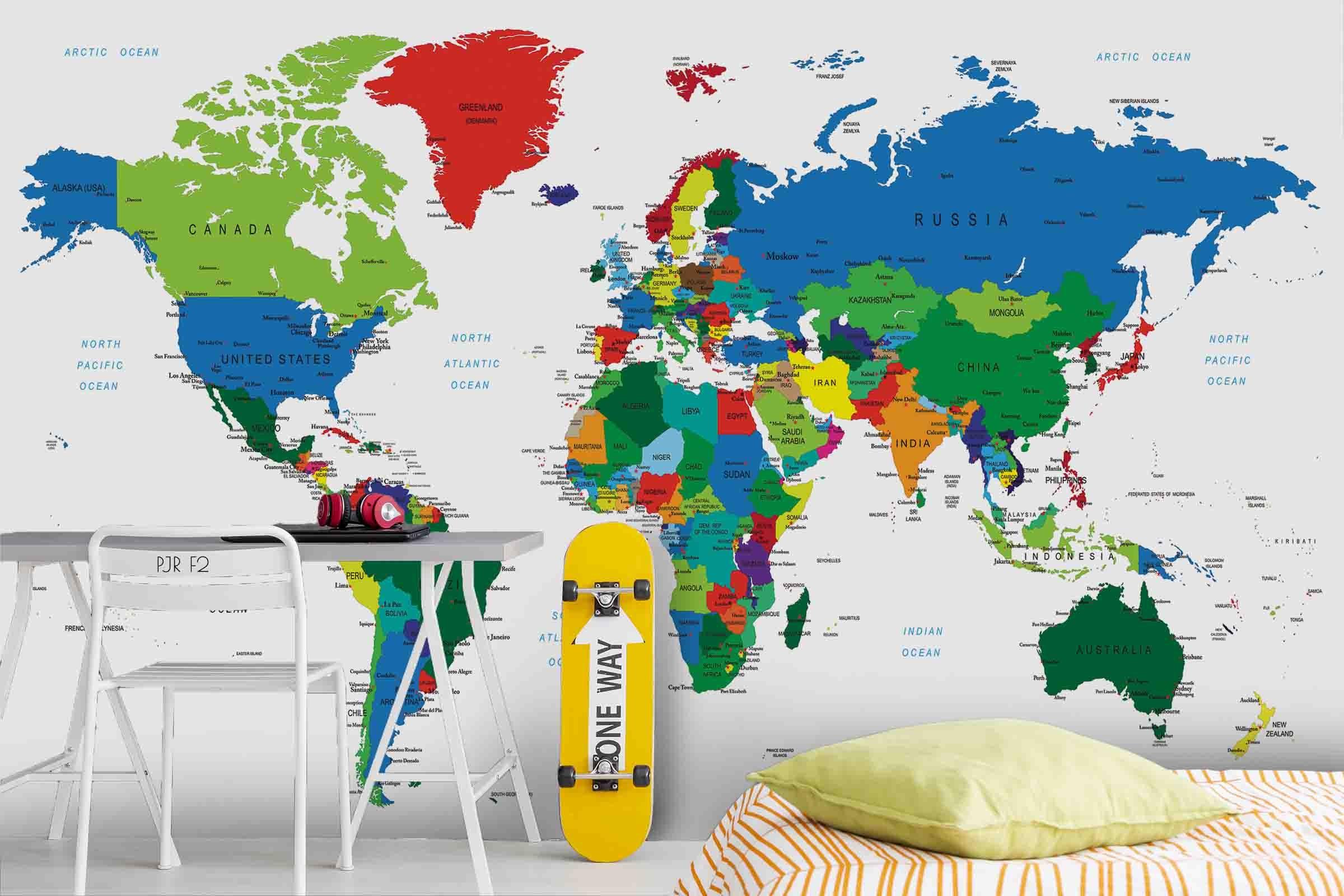3D Colourful World Map Wall Mural Wallpaper WJ 2179- Jess Art Decoration
