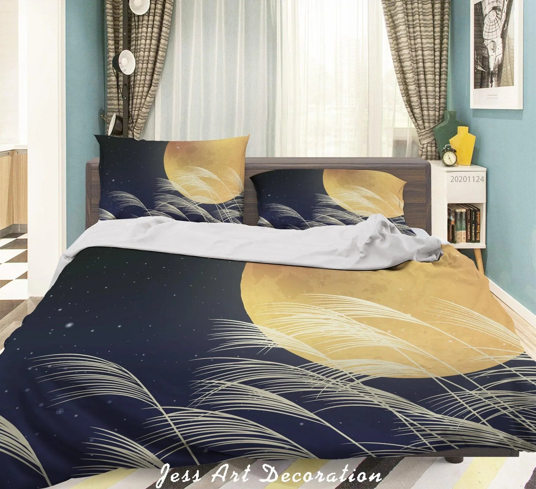 3D Japanese Style Moon Reed Plant Dark Sky Quilt Cover Set Bedding Set Duvet Cover Pillowcases LXL- Jess Art Decoration
