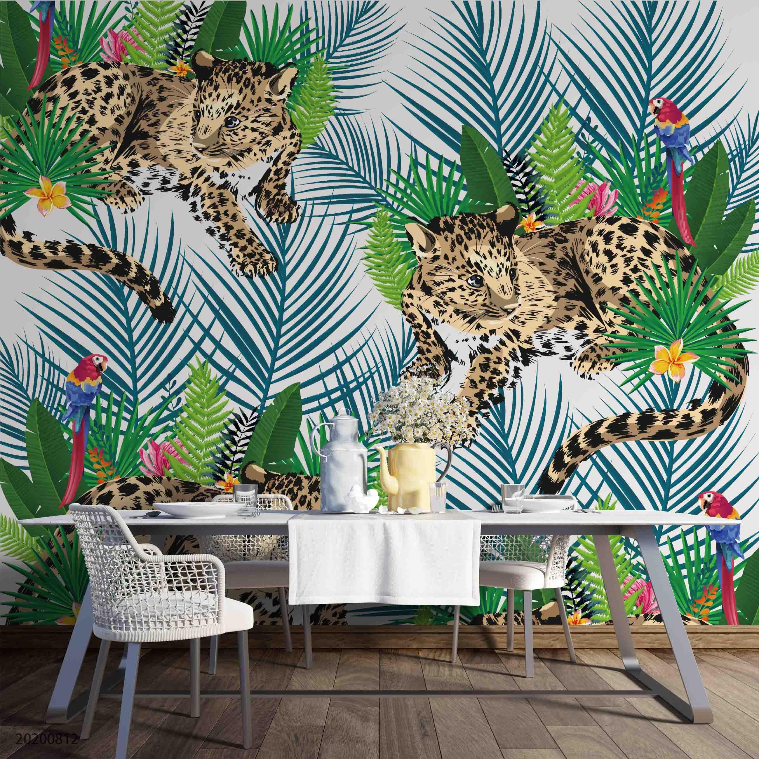 3D Hand Sketching Colorful Floral Leopard Wall Mural Wallpaper LXL 1099- Jess Art Decoration