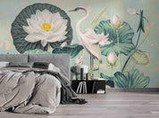 3D Hand Drawn Lotus White Crane Wall Mural Wallpaper LQH 127- Jess Art Decoration