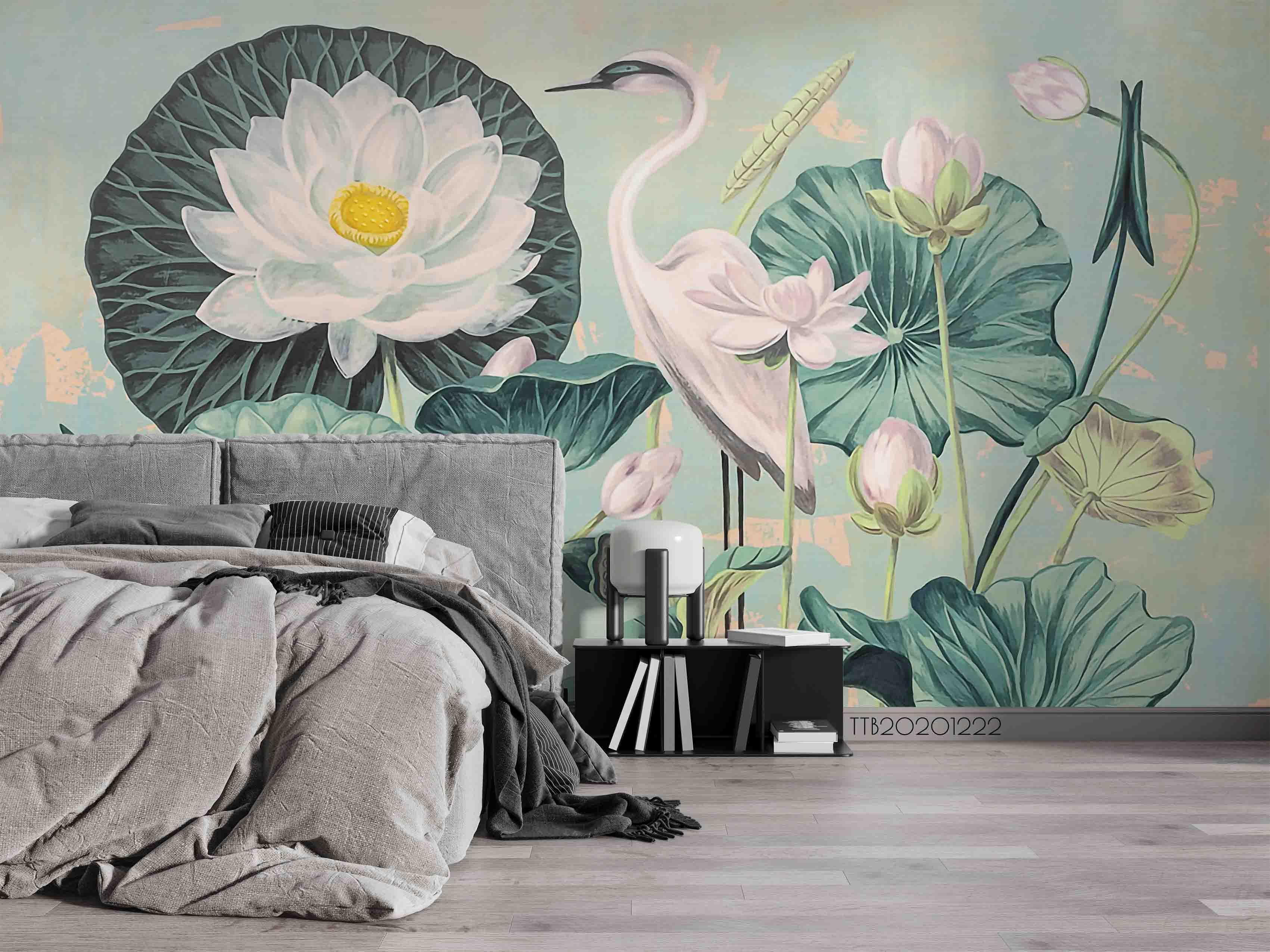 3D Hand Drawn Lotus White Crane Wall Mural Wallpaper LQH 127- Jess Art Decoration