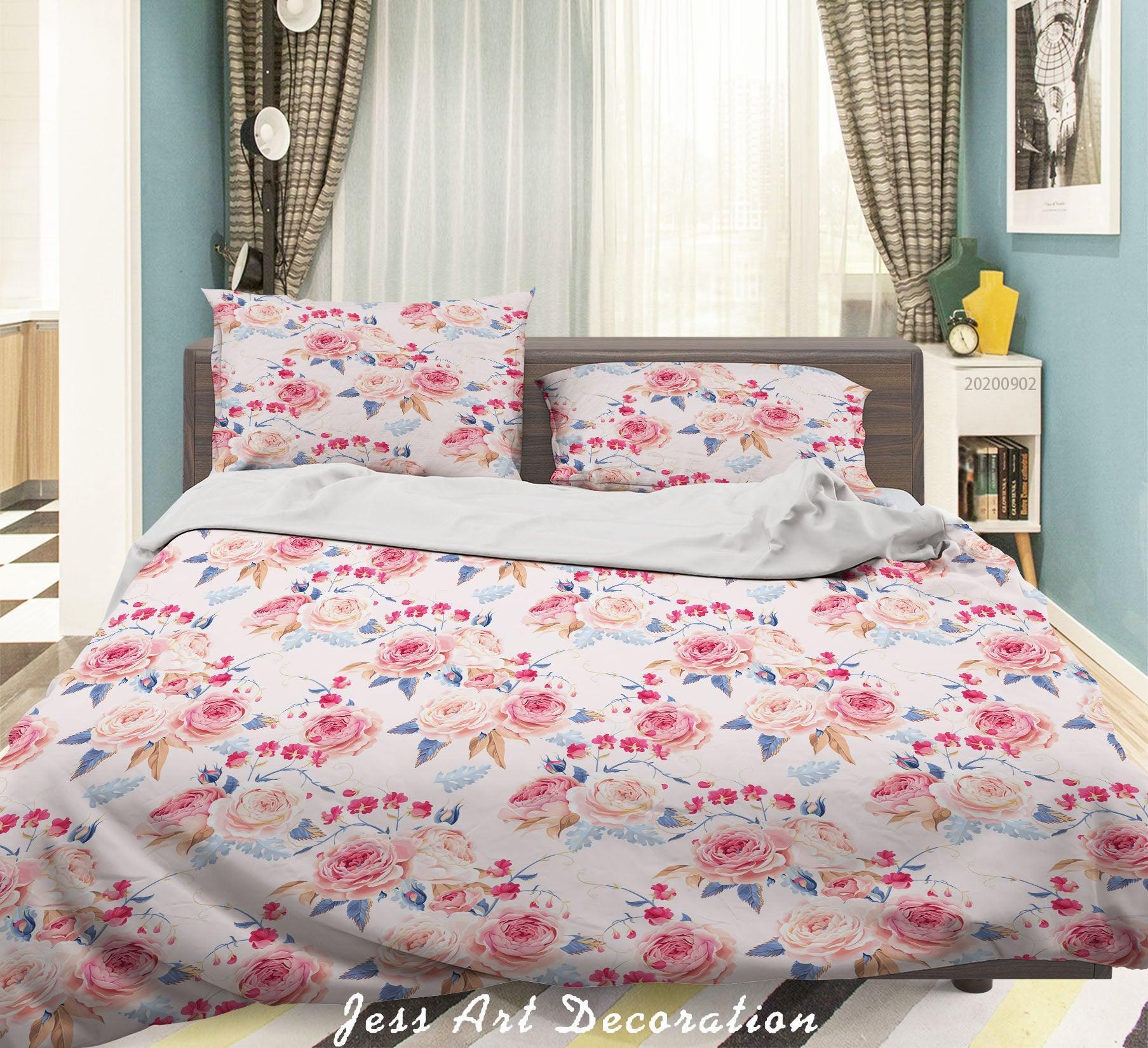 3D Pink Rose FLowers Leaves Pattern Quilt Cover Set Bedding Set Duvet Cover Pillowcases WJ 1460- Jess Art Decoration