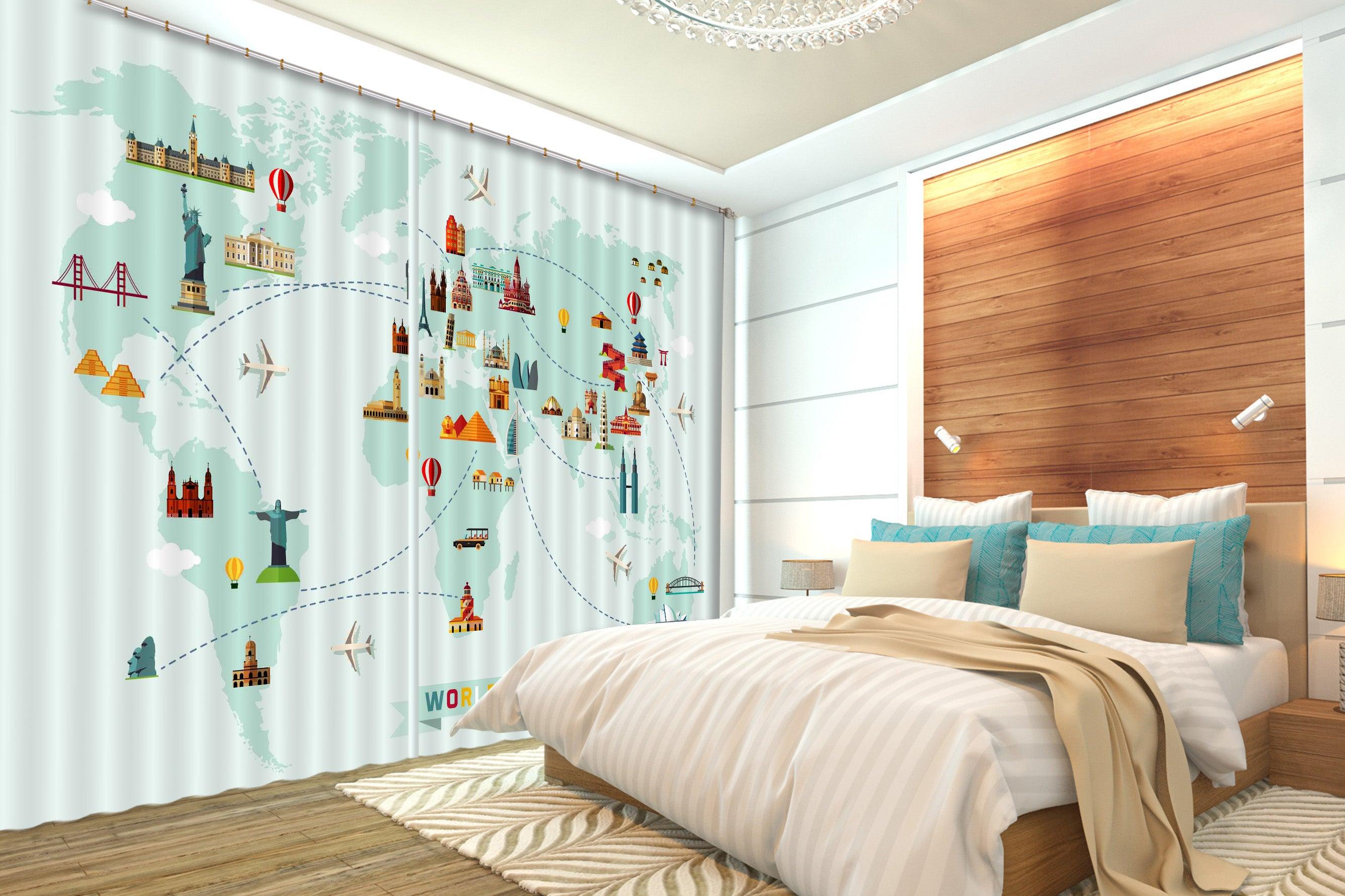 3D World Map Symbolism Curtains and Drapes A121- Jess Art Decoration