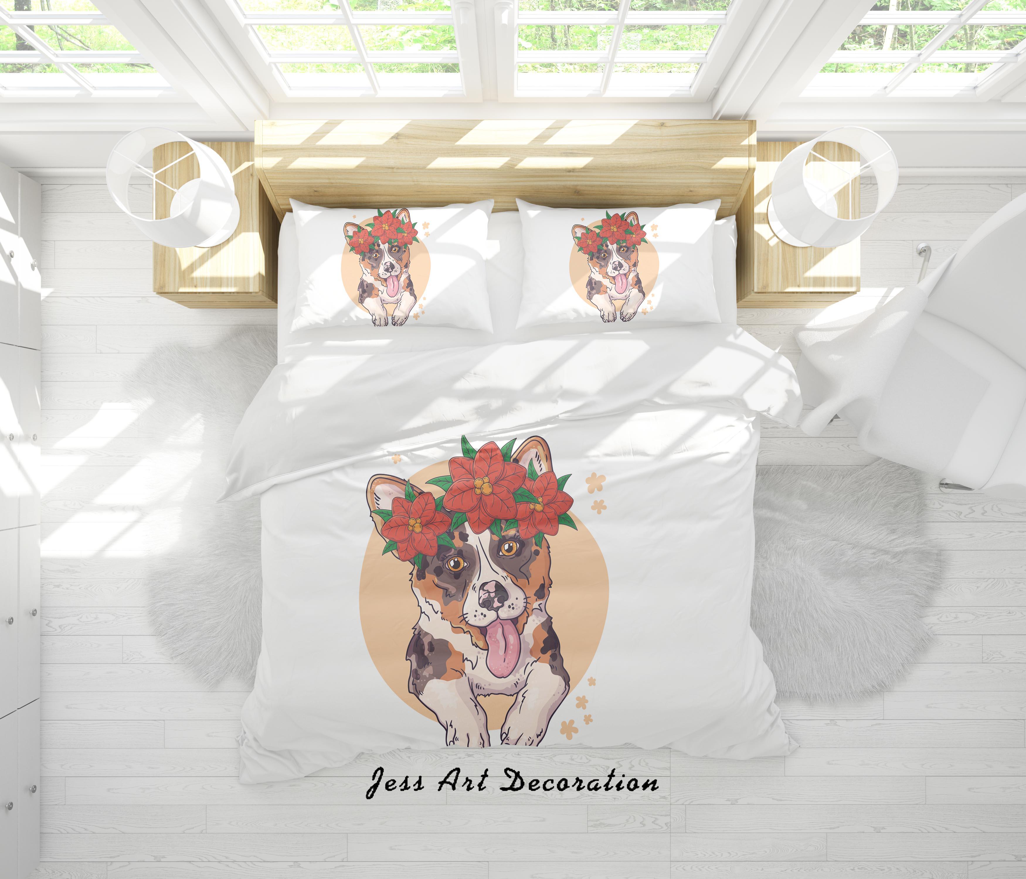 3D White Dog Floral Quilt Cover Set Bedding Set Duvet Cover Pillowcases SF123- Jess Art Decoration