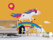 3D Cartoon Unicorn Rainbow Orange Sky Balloon Wall Mural Wallpaper A060 LQH- Jess Art Decoration