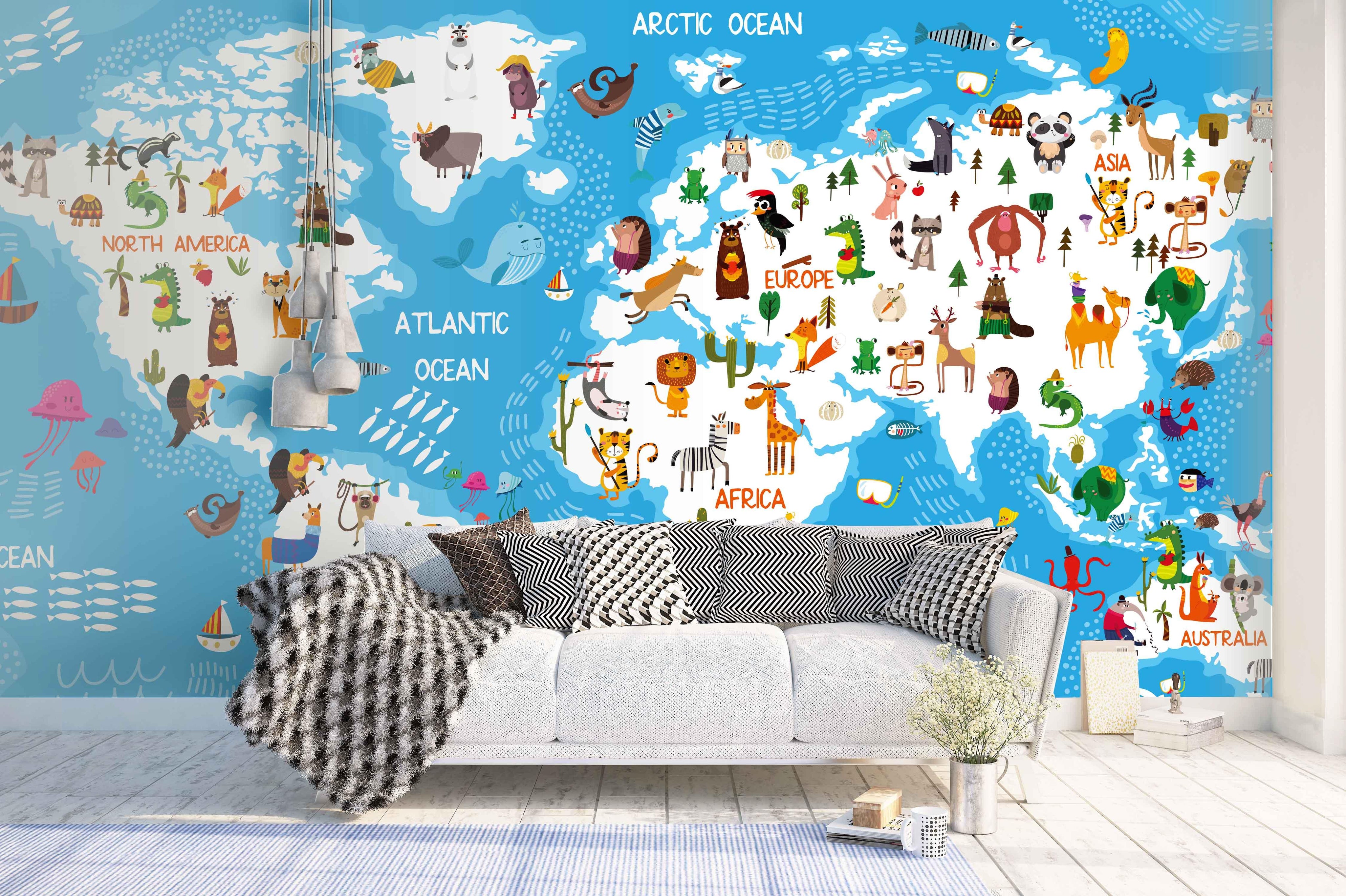 3D blue animals world map wall mural wallpaper 27- Jess Art Decoration
