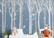 3D Birch Forest Bird Blue Background Paper Art Wall Mural Wallpaper GD 692- Jess Art Decoration