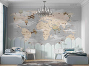 3D Gray World Map Airplane Kids Wall Mural Wallpaper LQH 734- Jess Art Decoration