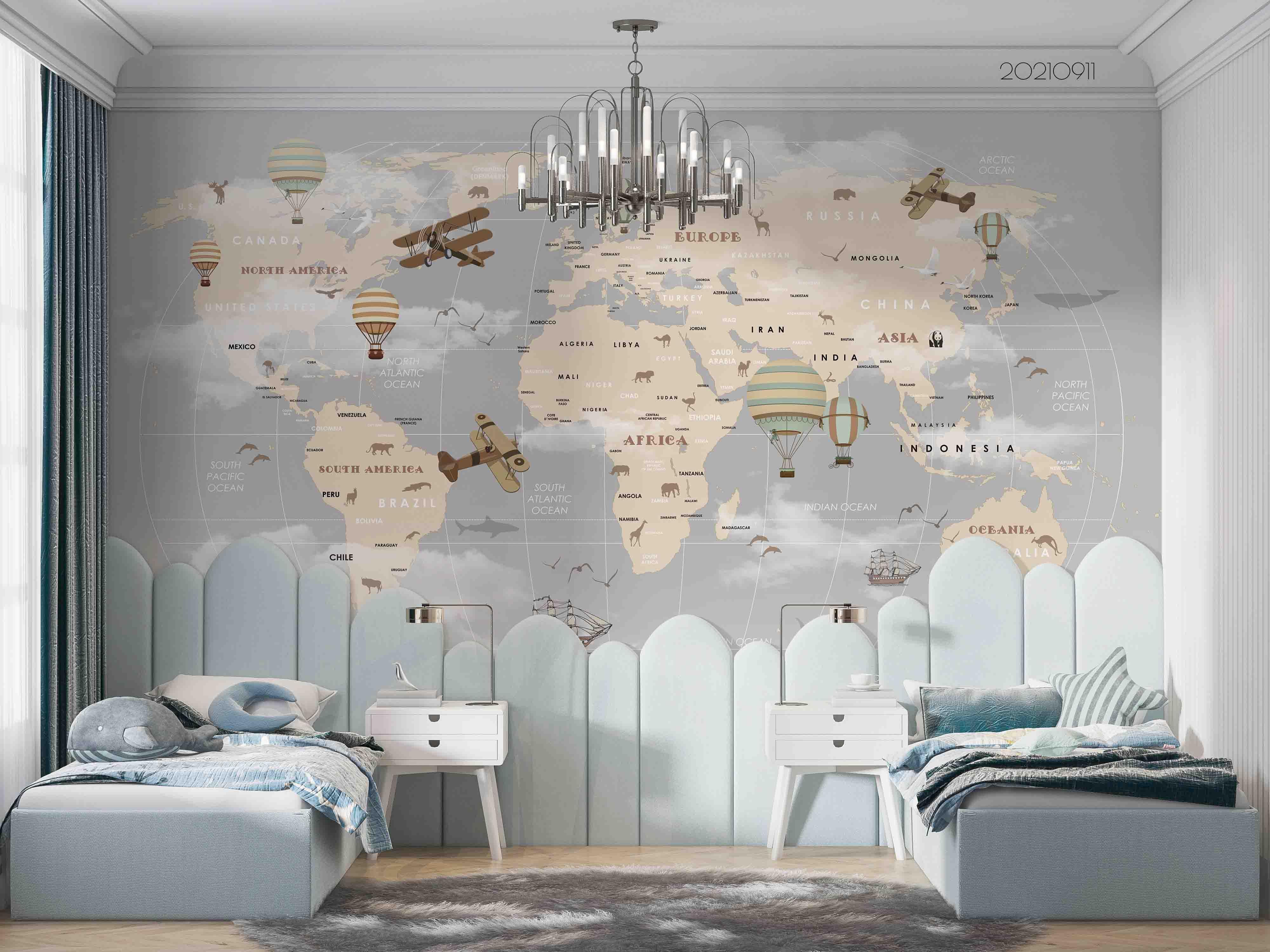3D Gray World Map Airplane Kids Wall Mural Wallpaper LQH 734- Jess Art Decoration
