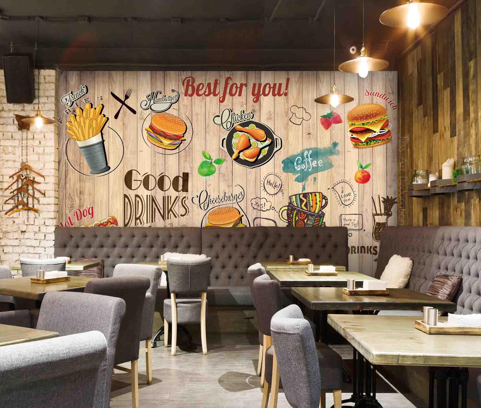3D Fast Food Plank Background Pattern Wall Mural Wallpaper GD 3374- Jess Art Decoration