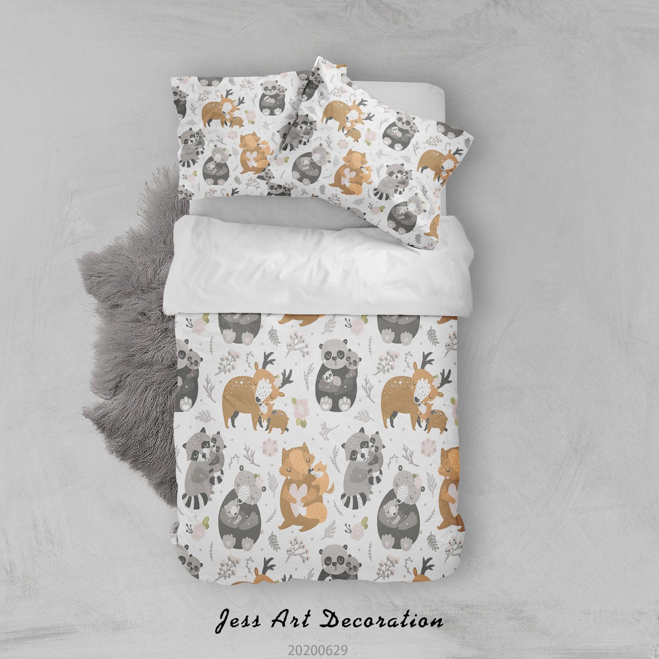 3D White Cartoon Animal Fox Bear Elk Tanuki Floral Quilt Cover Set Bedding Set Duvet Cover Pillowcases SF04- Jess Art Decoration