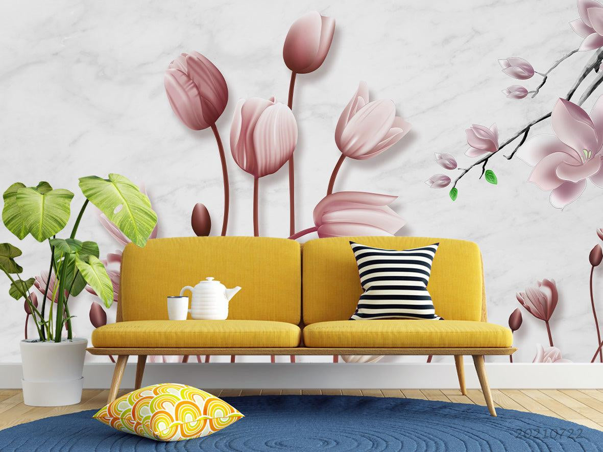 3D Hand Drawn Pink Magnolia Flower Wall Mural Wallpaper LQH 355- Jess Art Decoration