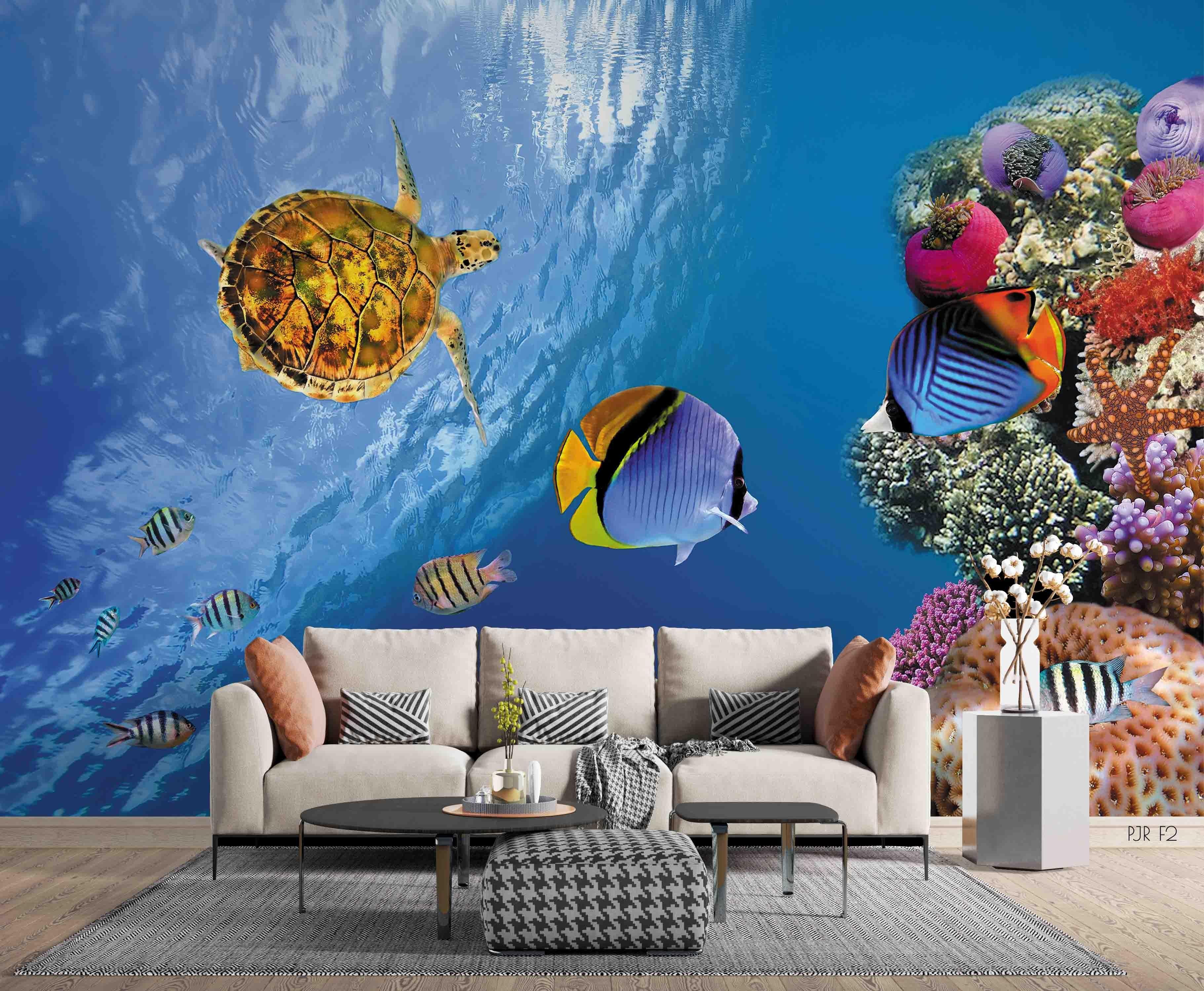 3D Turtle Clownfish Reef sea turtle clownfish reef mural wall mural wallpaper for living room - view 3