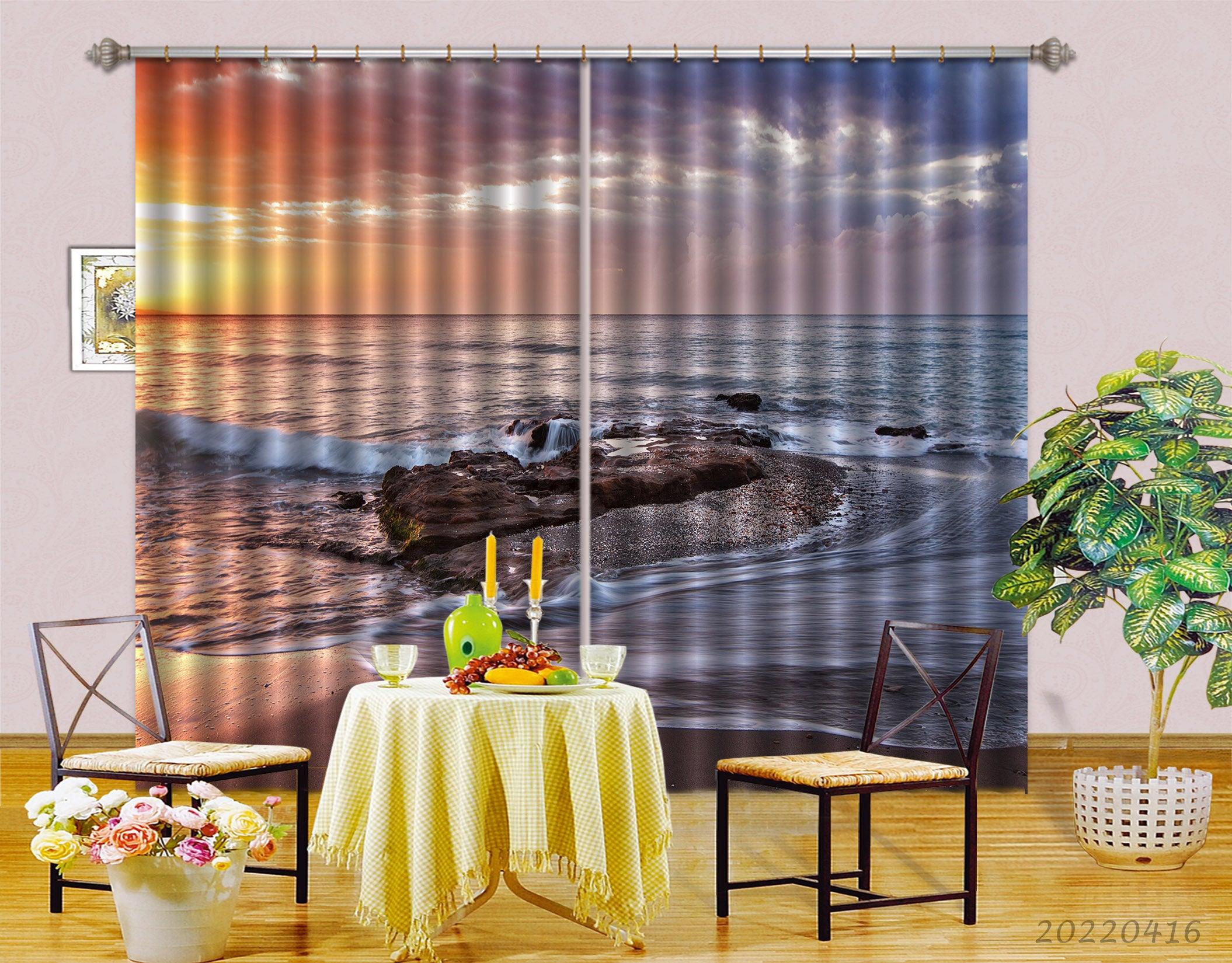 3D Landscape Ocean Reef Wave Golden Skyline Cloudy Curtains and Drapes GD 4390- Jess Art Decoration